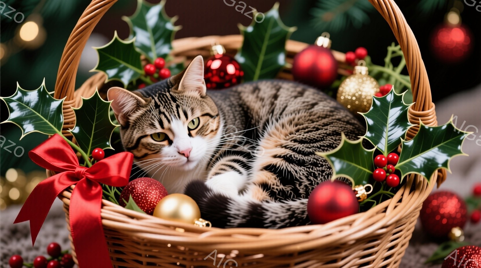 白と黒の縞模様の猫が、赤いリボンとクリスマスの飾りで飾られた籐のバスケットの中で丸まって眠っています。背景にはぼやけたクリスマスツリーのライトが見え、全体的に温かく、穏やかな雰囲気です。猫はリラックスした様子で、クリスマスの季節の心地よさを表現しています。