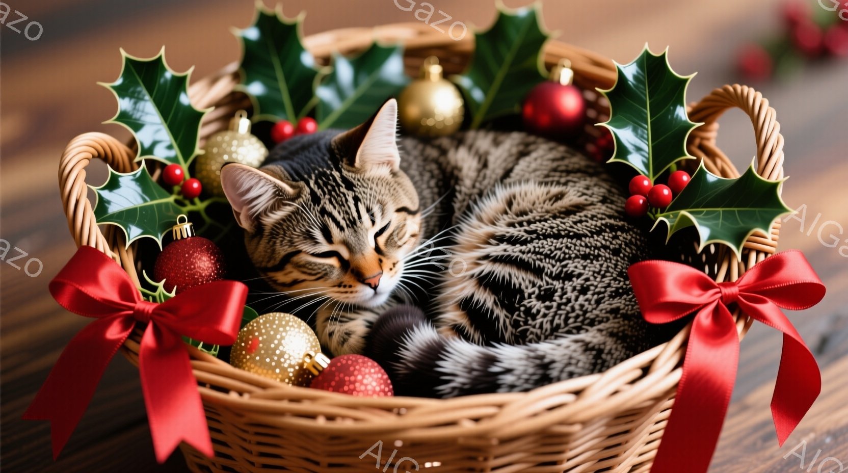 籠の中に子猫が丸まって眠っています。背景には赤い実の付いた葉と金色のオーナメントが飾られ、全体的に暖かく、クリスマスの雰囲気が漂っています。子猫の縞模様と赤いリボンが、籠の中で鮮やかなコントラストを生 - AI生成フリー素材