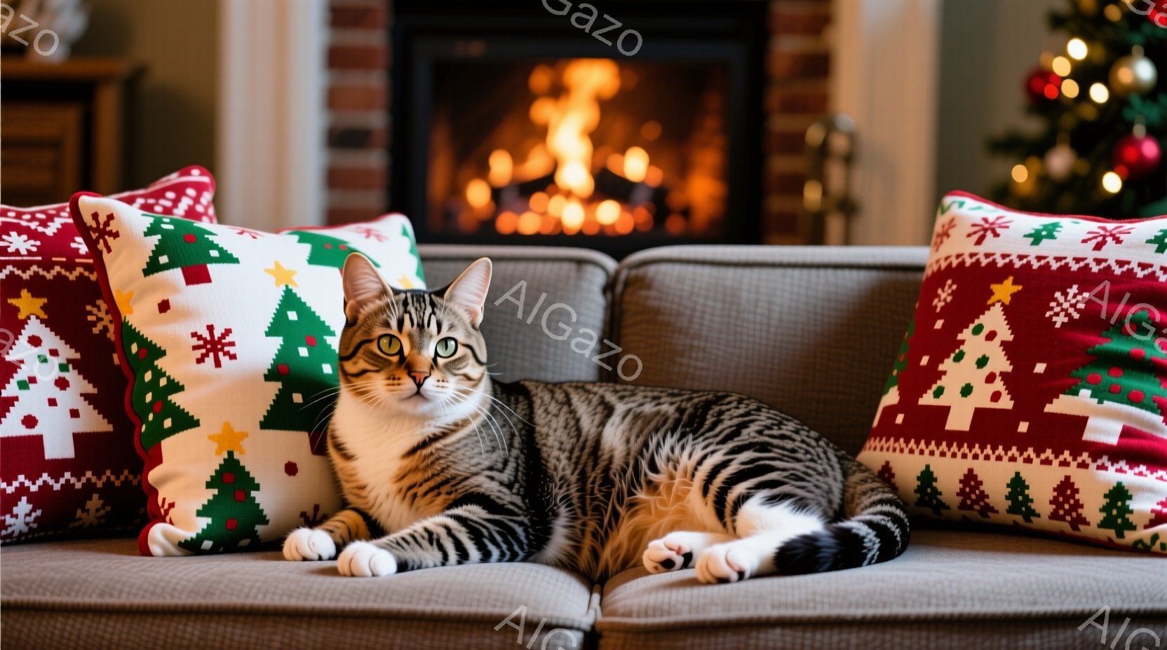 灰色の縞模様の猫が、クリスマス柄のクッションに囲まれたソファにゆったりと横たわっています。背景には暖炉があり、火が燃え、温かい光を放っています。全体的に、リラックスした、心地よい冬の雰囲気が漂っていま - AI生成フリー素材