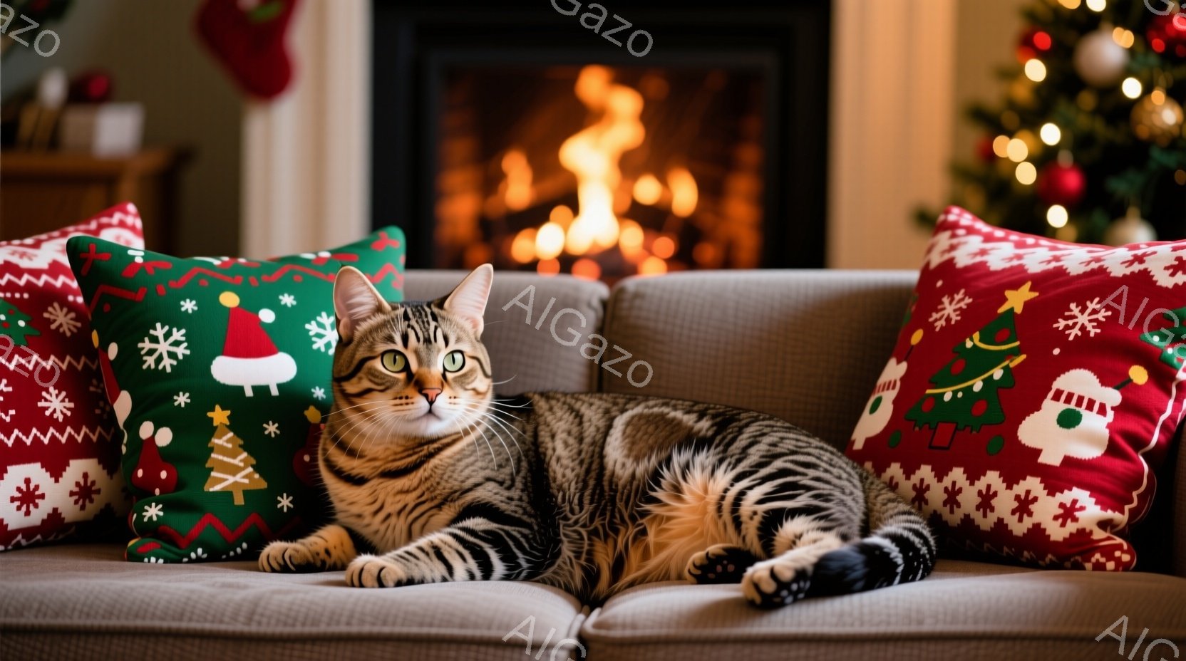 縞模様の猫が、クリスマスの柄のクッションに囲まれたソファで横たわっています。猫はリラックスした表情で、正面を見つめており、暖炉の火が背景にぼんやりと映っています。背景にはクリスマスツリーが飾られ、温か - AI生成フリー素材