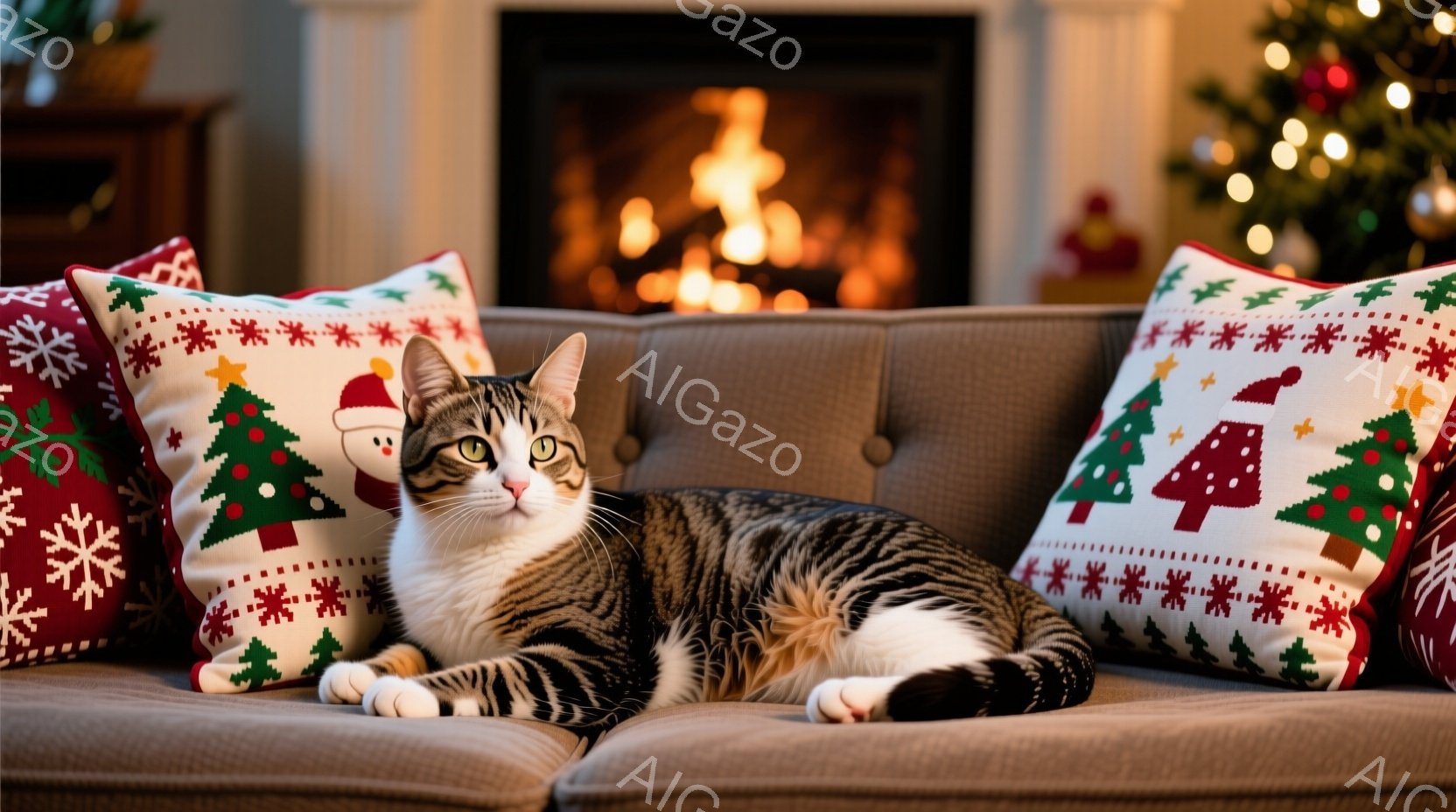 縞模様の猫が、クリスマス柄のクッションに挟まれてソファに横たわっています。猫は赤いサンタ帽をかぶり、リラックスした表情でこちらを見ています。背景には暖炉の炎と、ぼやけたクリスマスツリーの光が暖かく、穏 - AI生成フリー素材