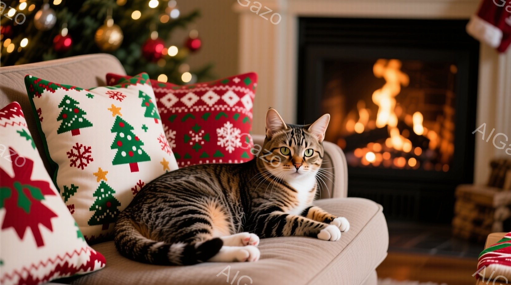 縞模様の猫がベージュ色のソファにゆったりと横たわっています。猫はリラックスした表情で、片足を前に出し、落ち着いた姿勢を見せています。背景には、クリスマスツリーと暖炉があり、温かく居心地の良い冬の雰囲気 - AI生成フリー素材