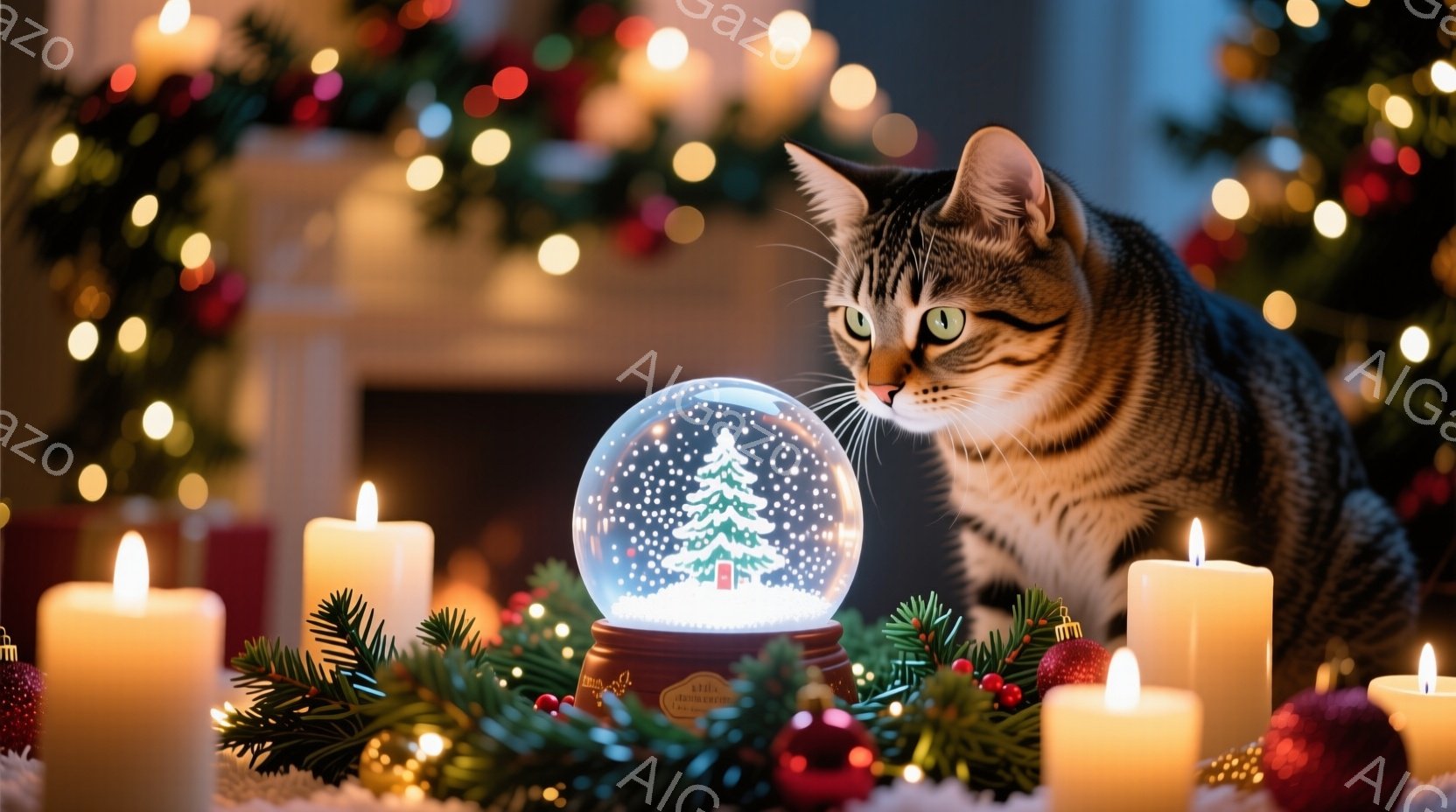 暖炉の前には、クリスマスリースや点灯したキャンドルが飾られ、温かい光が広がっています。茶色の縞模様の猫が雪の結晶と小さなクリスマスツリーが入ったガラスの雪球を興味深そうに見つめています。背景にはぼやけたクリスマスツリーの光が煌めき、居心地の良い冬の雰囲気を醸し出しています。
