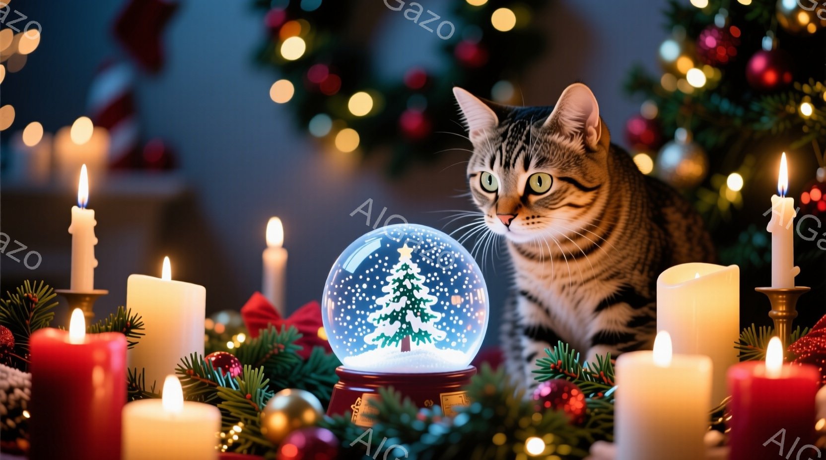 雪の結晶が舞うスノーグローブの前に、茶色の縞模様の猫が座っています。猫は緑色の目でスノーグローブをじっと見つめており、その表情は好奇心と少しの警戒心を帯びています。背景には、赤い実のついた葉と点灯した - AI生成フリー素材