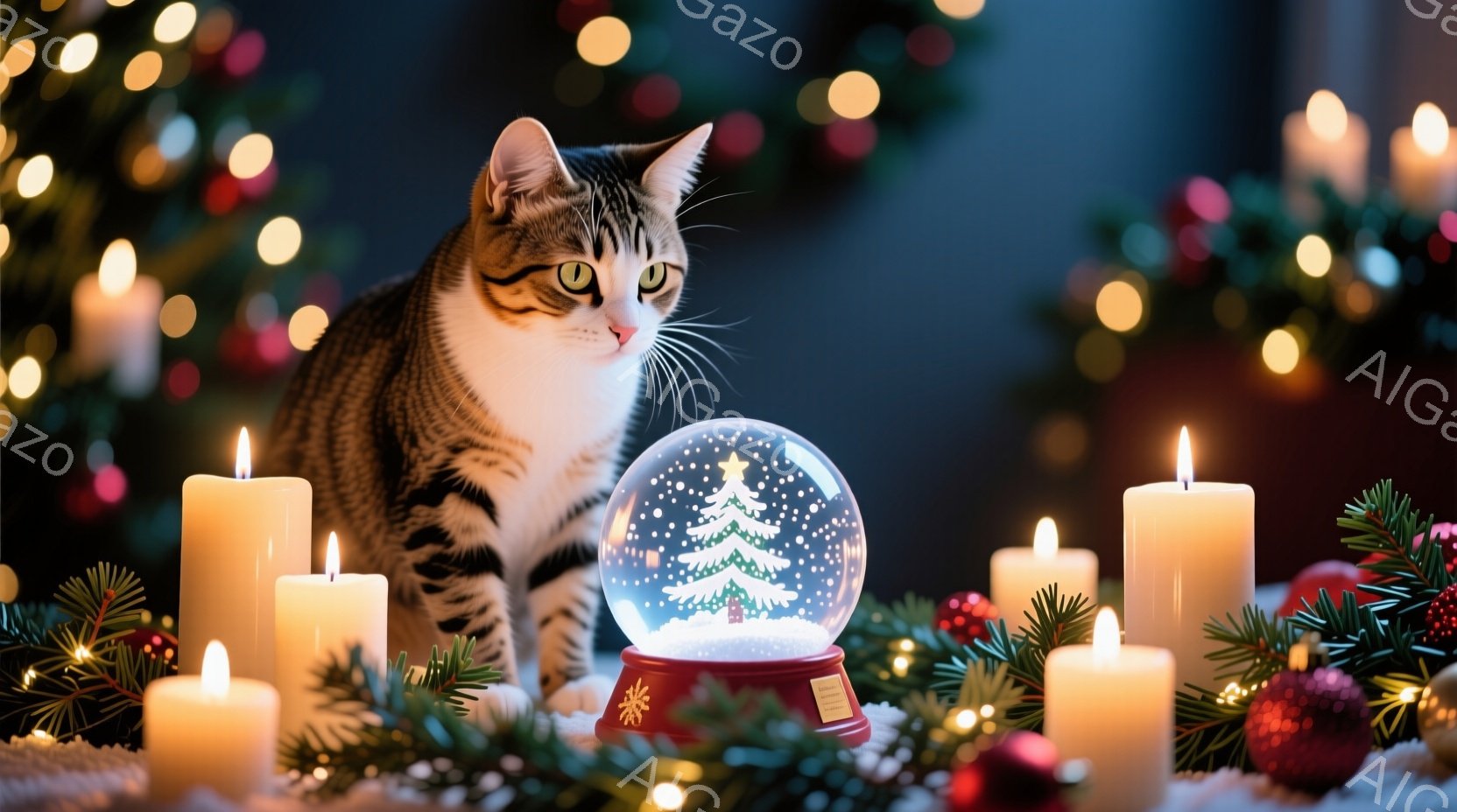 明るい背景に、スノーグローブとロウソクが置かれ、その横に縞模様の猫が座っています。猫は少し身をかがめていて、スノーグローブの中のクリスマスツリーを見つめています。全体的に、暖かく、お祝いの雰囲気で、冬 - AI生成フリー素材