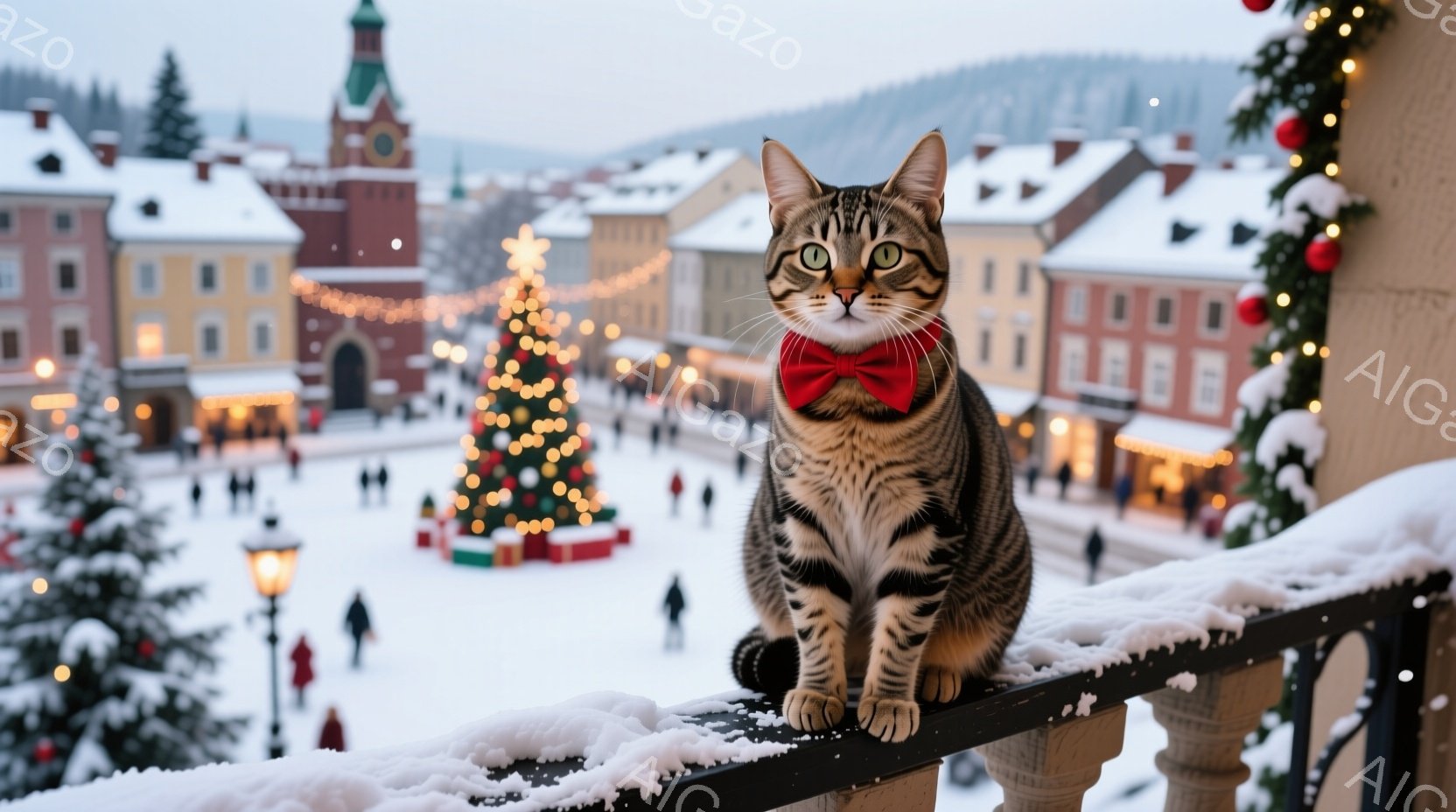 明るい縞模様の猫が、赤い蝶ネクタイを締め、雪で覆われた手すりに座って正面を見つめている。背景には、クリスマスツリーや人々で賑わう雪景色が広がり、中世ヨーロッパのような建物が立ち並んでいる。全体的に、冬の暖かくお祭り気分な雰囲気の画像である。