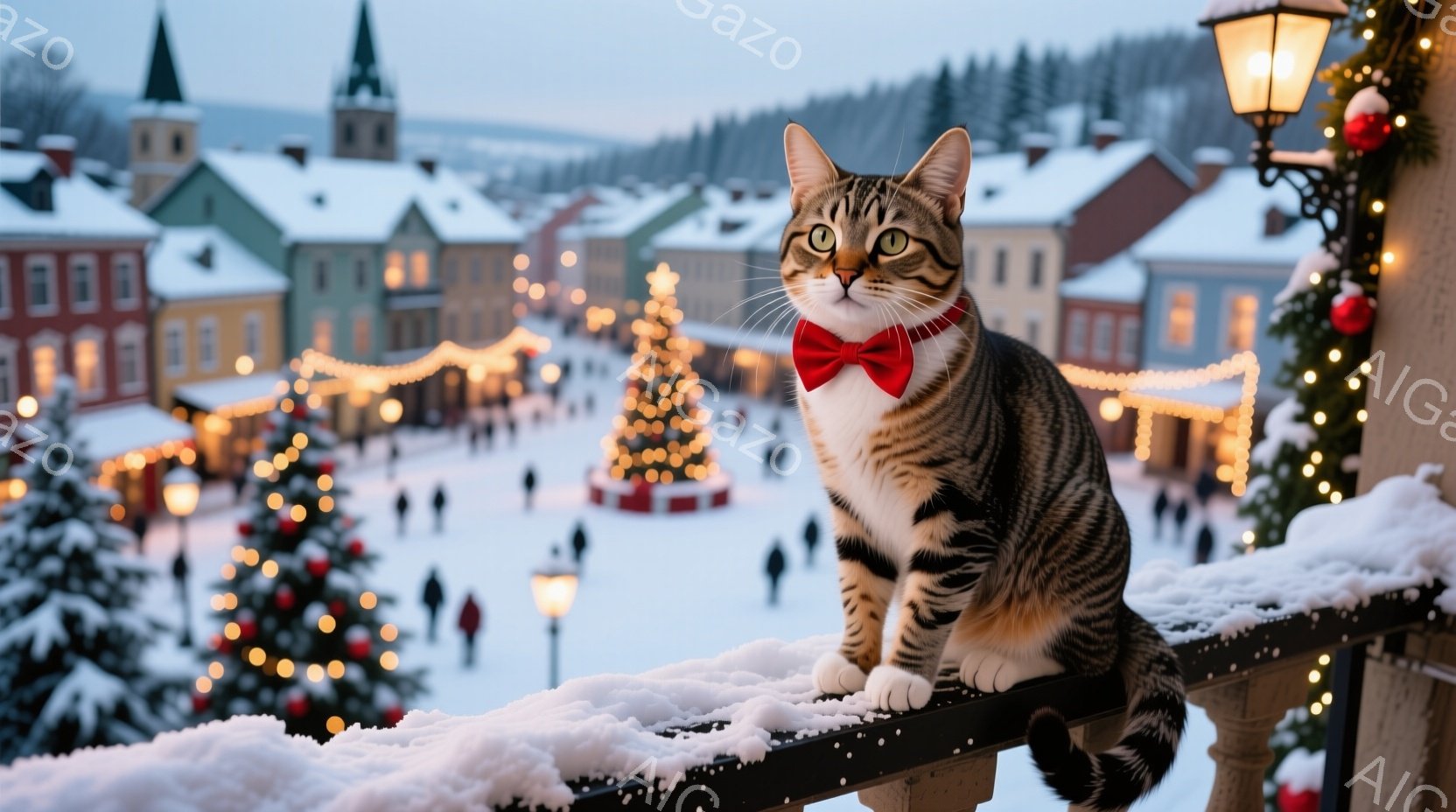 白と茶色の縞模様の猫が、クリスマスマーケットのような場所の柵の上に座っており、赤い蝶ネクタイを付けている。背景には、雪に覆われた建物や木々、そして点灯されたクリスマスツリーが並び、多くの人々が歩いてい - AI生成フリー素材