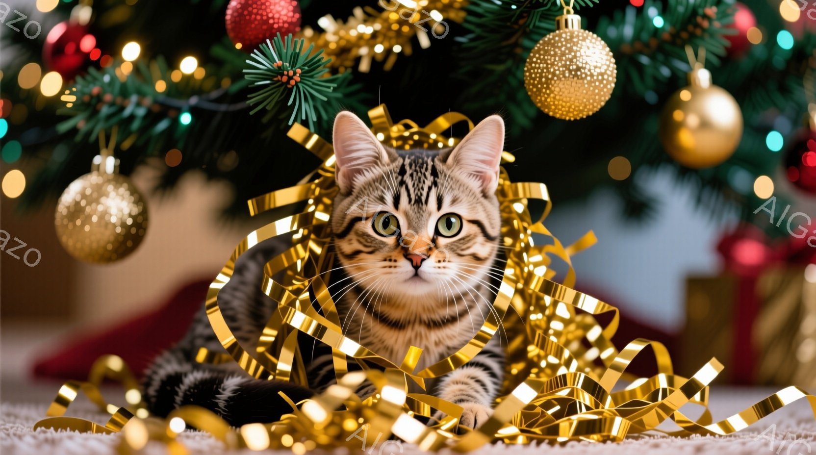 縞模様の猫がクリスマスの飾り付けの中に横たわっており、金色のリボンに囲まれています。猫は前足を伸ばし、緑色の瞳でカメラを見つめ、少しいたずらっぽい表情をしています。背景にはクリスマスツリーの緑と、様々 - AI生成フリー素材