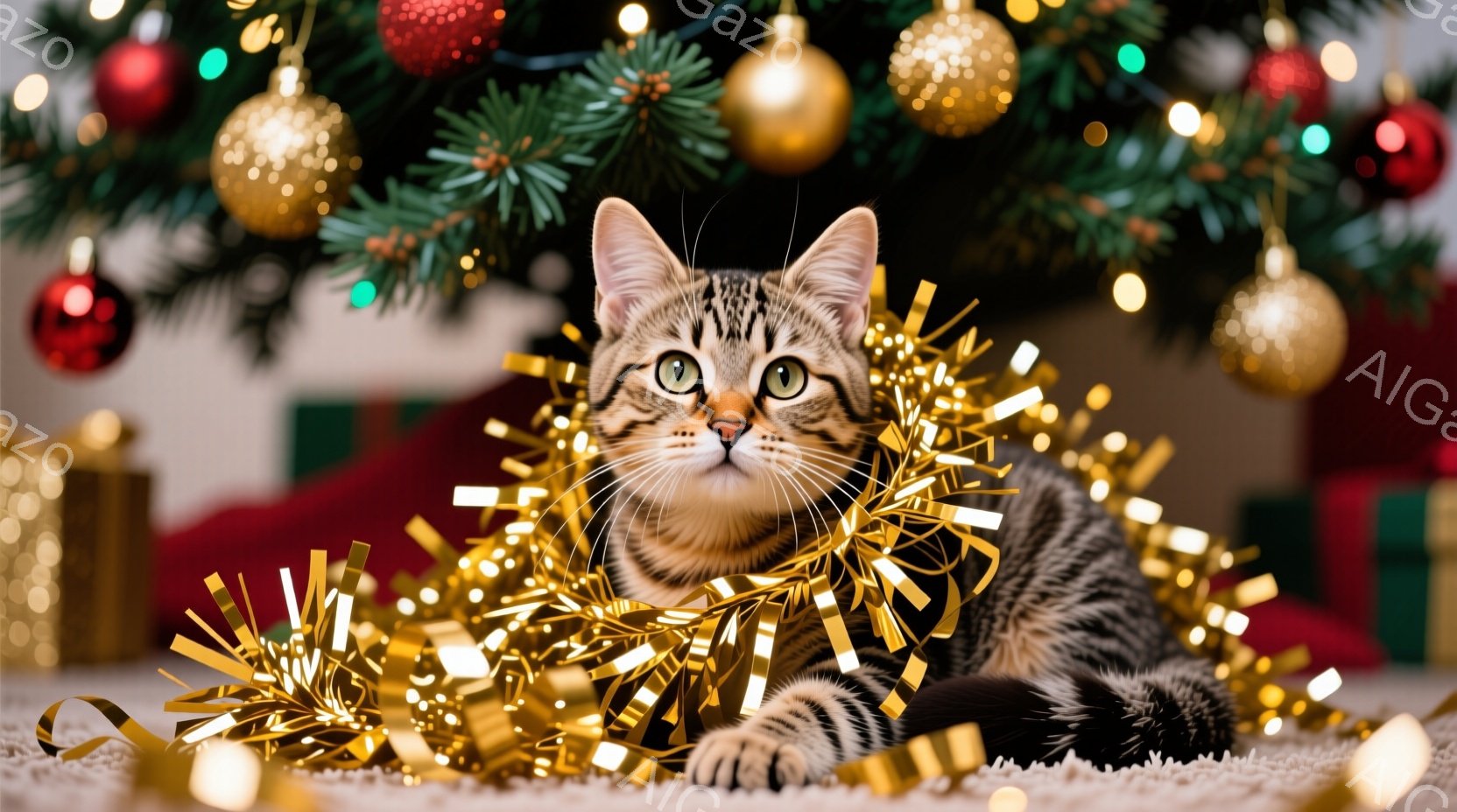 籠の中に、縞模様の可愛らしい子猫が顔を出しています。周りには、クリスマスのジンジャーブレッドクッキーとキャンディケーンが飾られ、背景にはぼやけたクリスマスツリーの明かりが見えます。全体的に暖かく、お祝いムードにあふれた可愛らしい光景です。