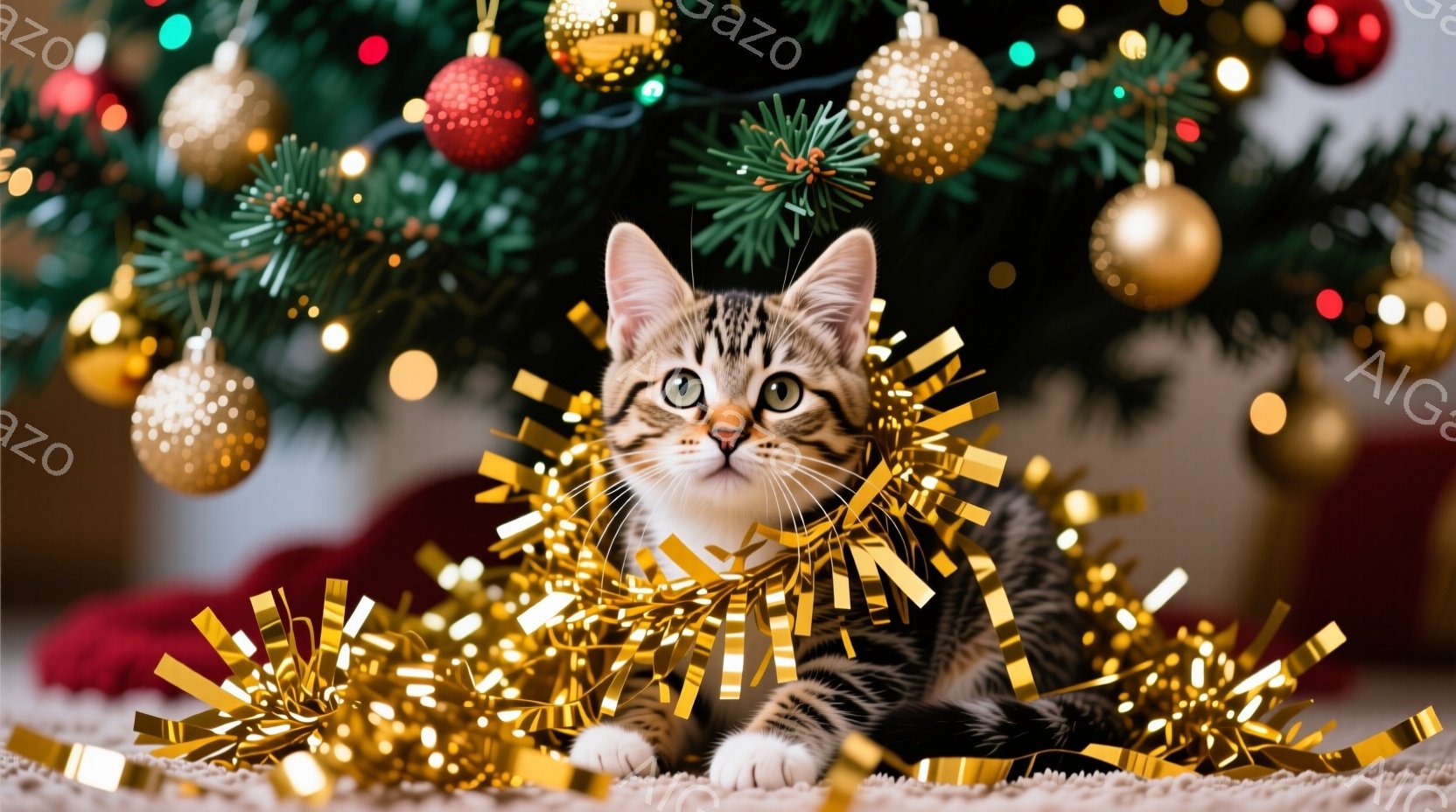 白と黒の縞模様の小さな子猫が、金色のモールで覆われたカーペットの上に座っています。子猫は前足を伸ばして座り、大きな緑色の瞳でカメラを見つめています。背景には、赤いオーナメントや金色のボールで飾られたクリスマスツリーがあり、暖かくお祝いの雰囲気を醸し出しています。