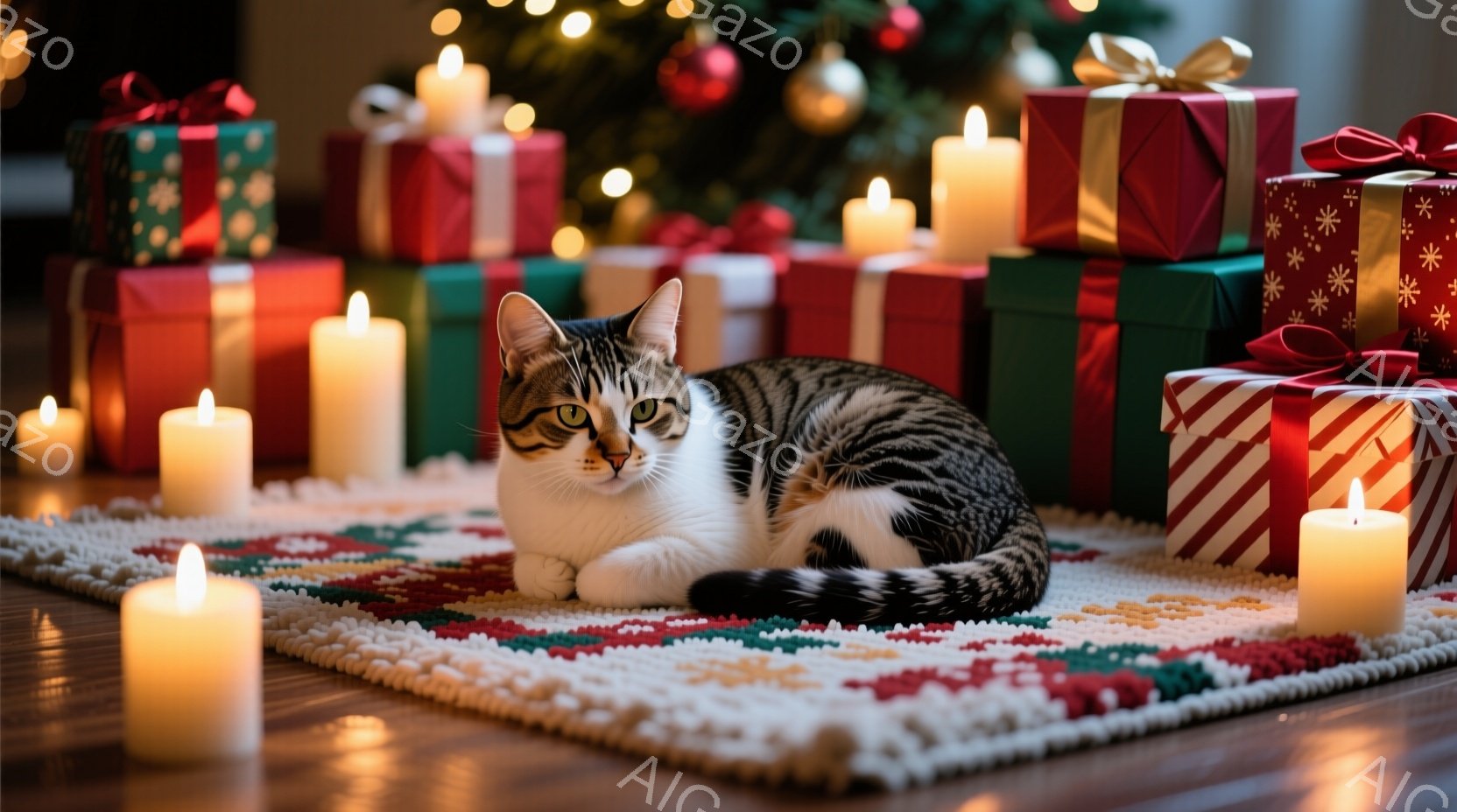 白と黒の縞模様の猫が、赤、緑、白のストライプの敷物の上に横たわっています。周囲には、リボンで飾られたカラフルなギフトボックスと、灯されたキャンドルが配置され、クリスマスの温かい雰囲気を醸し出しています - AI生成フリー素材