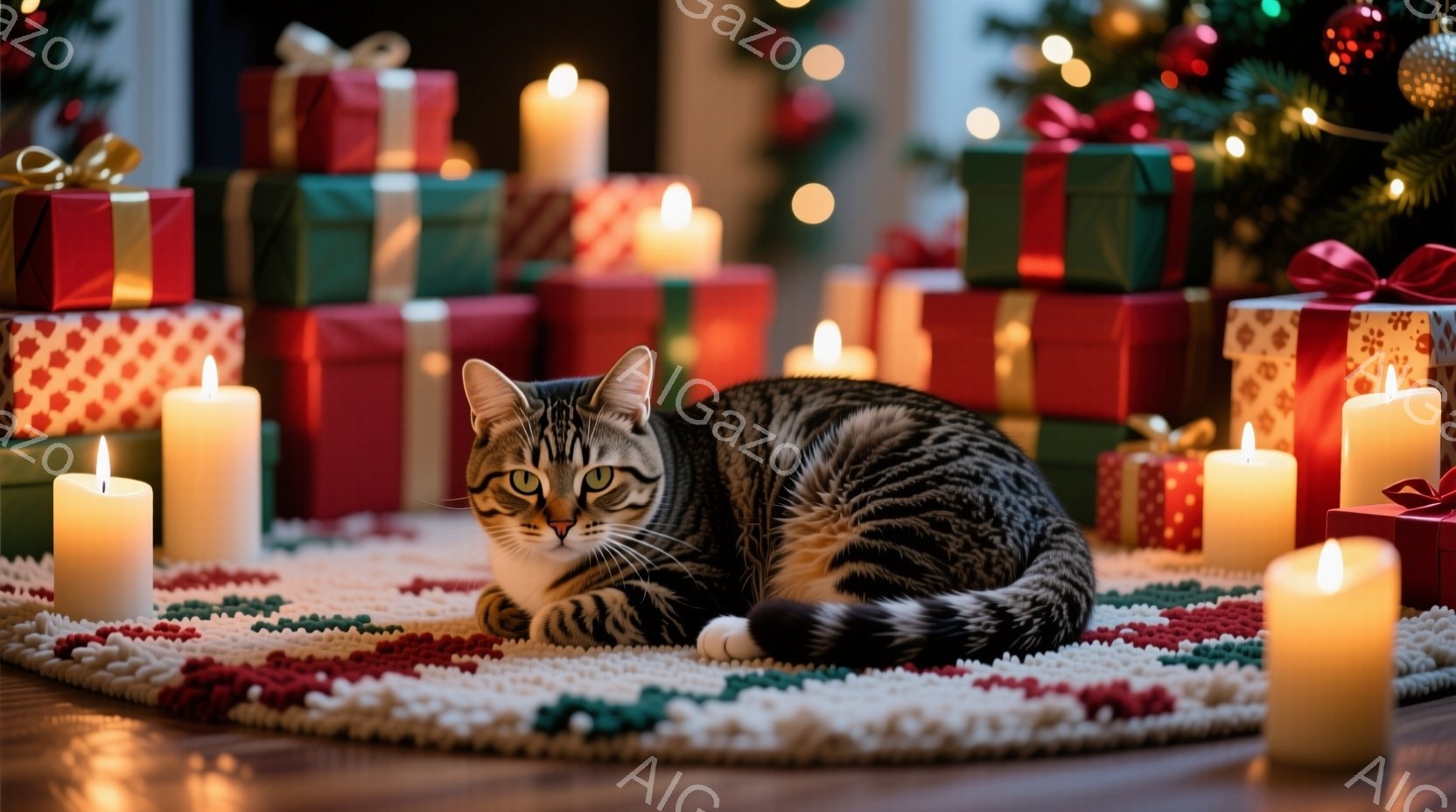 白と黒の縞模様の猫が、赤い、緑、金色のギフトボックスとキャンドルに囲まれたカラフルなラグの上でリラックスして横たわっています。キャンドルの優しい光が猫とプレゼントを照らし、背景にはぼやけたクリスマスツ - AI生成フリー素材