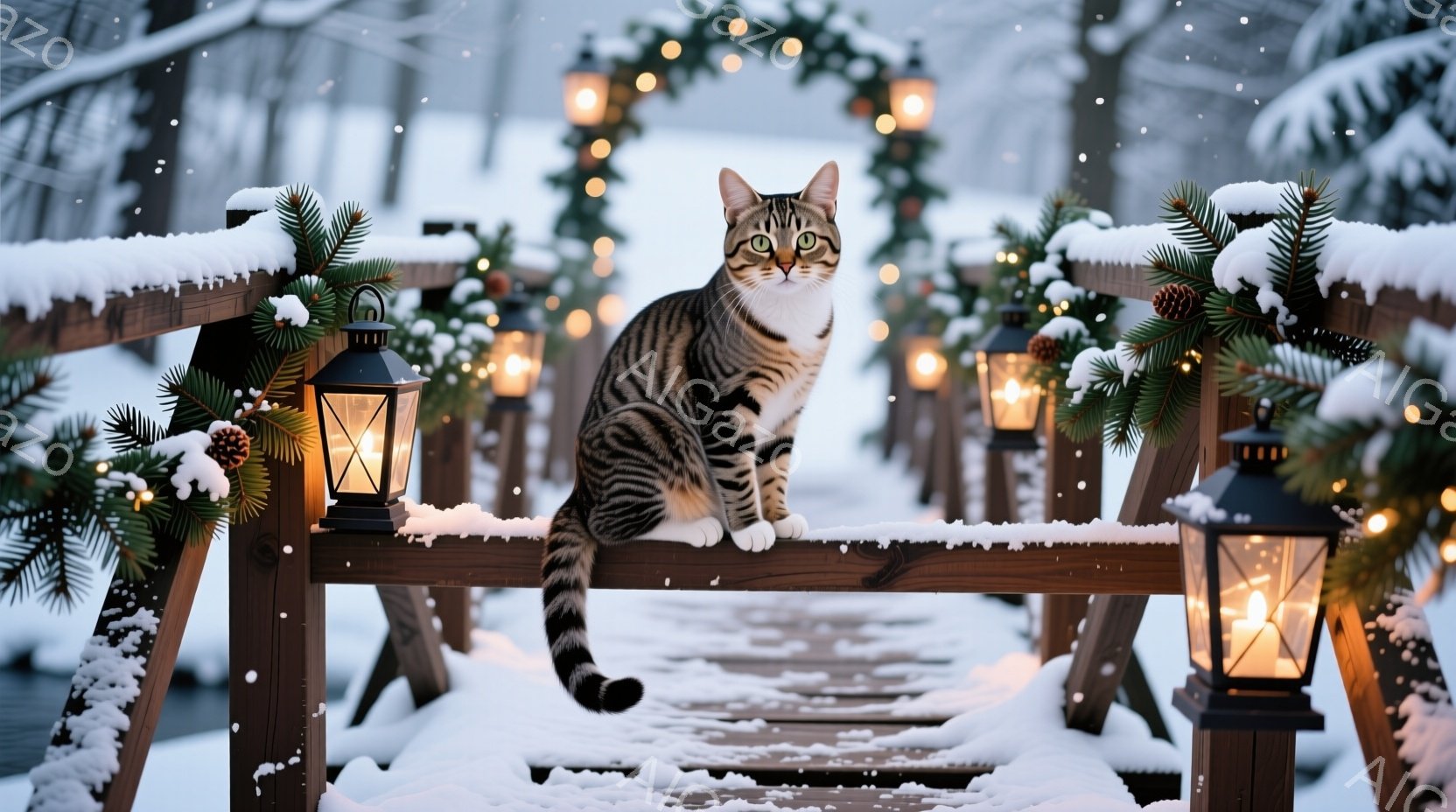 雪が降る中で、縞模様の猫が木の柵の上で優雅に座っています。背景には、クリスマスツリーの飾りと点灯したランタンが並び、冬の暖かく幻想的な雰囲気を醸し出しています。雪景色と暖かい光のコントラストが、穏やか - AI生成フリー素材
