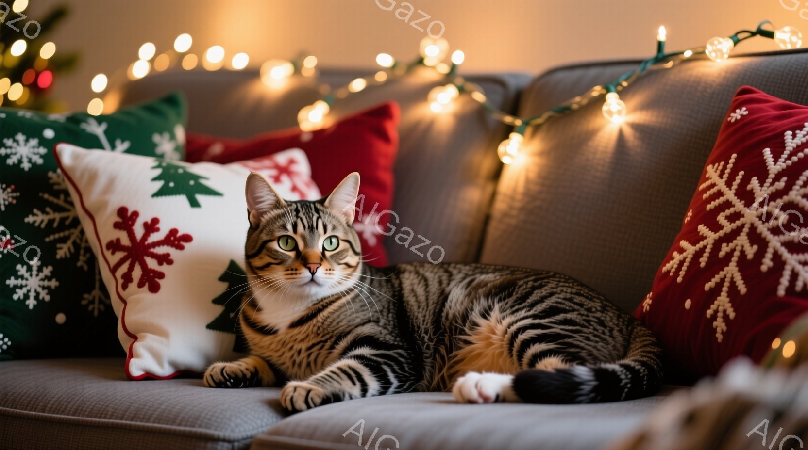 ソファに横たわる縞模様の猫が写っている。猫はリラックスした様子で、前足を伸ばし、少し顔を上げてこちらを見ている。背景には、クリスマスらしい赤いと緑のクッションと、ぼんやりとした光のストリングライトが見え、温かく心地よい雰囲気を醸し出している。