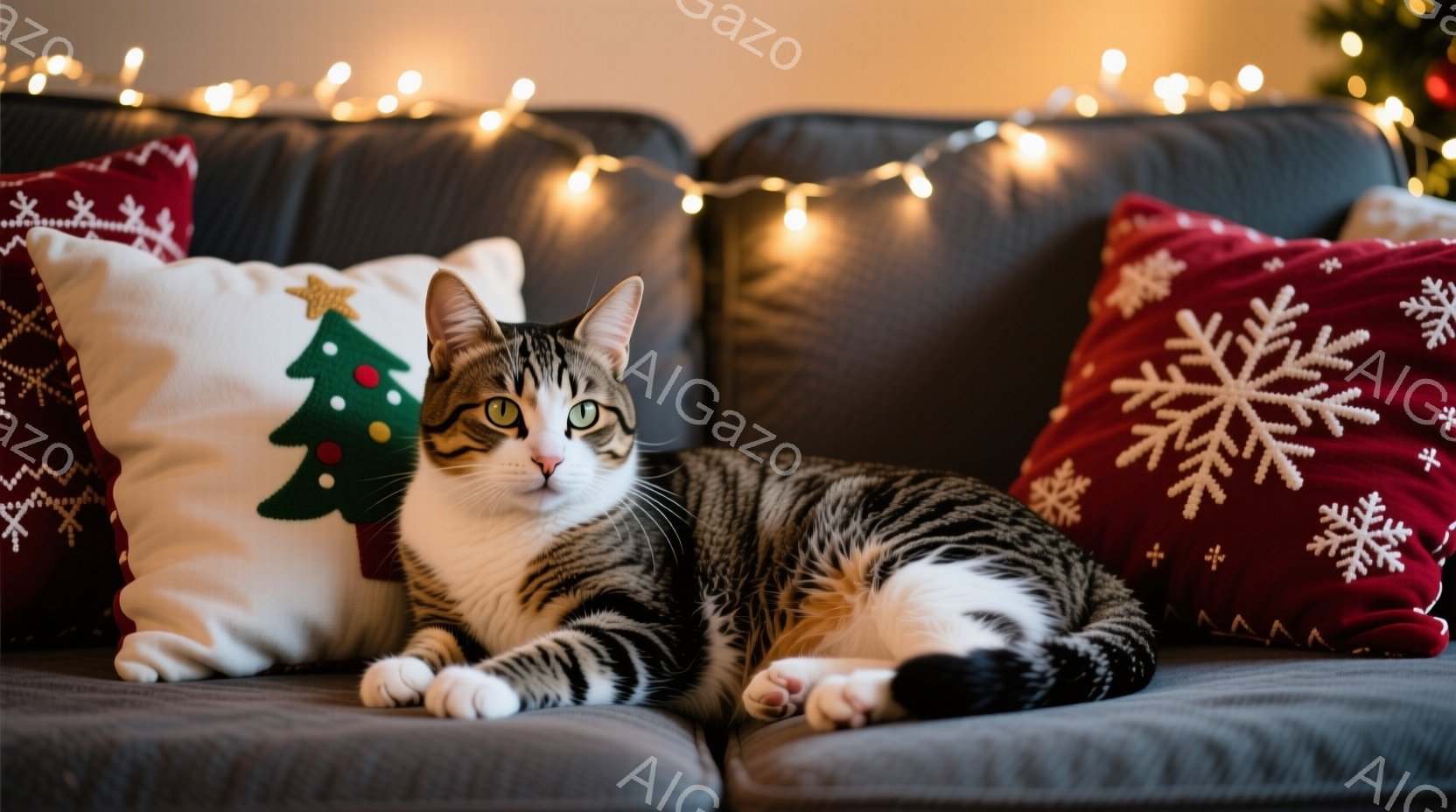 ソファに横たわる白と黒の縞模様の猫が写っています。リラックスした表情でカメラを見つめ、前足は伸ばして体の前に置かれています。背景には、クリスマスを連想させる赤い模様の枕や光るイルミネーションが飾られて - AI生成フリー素材