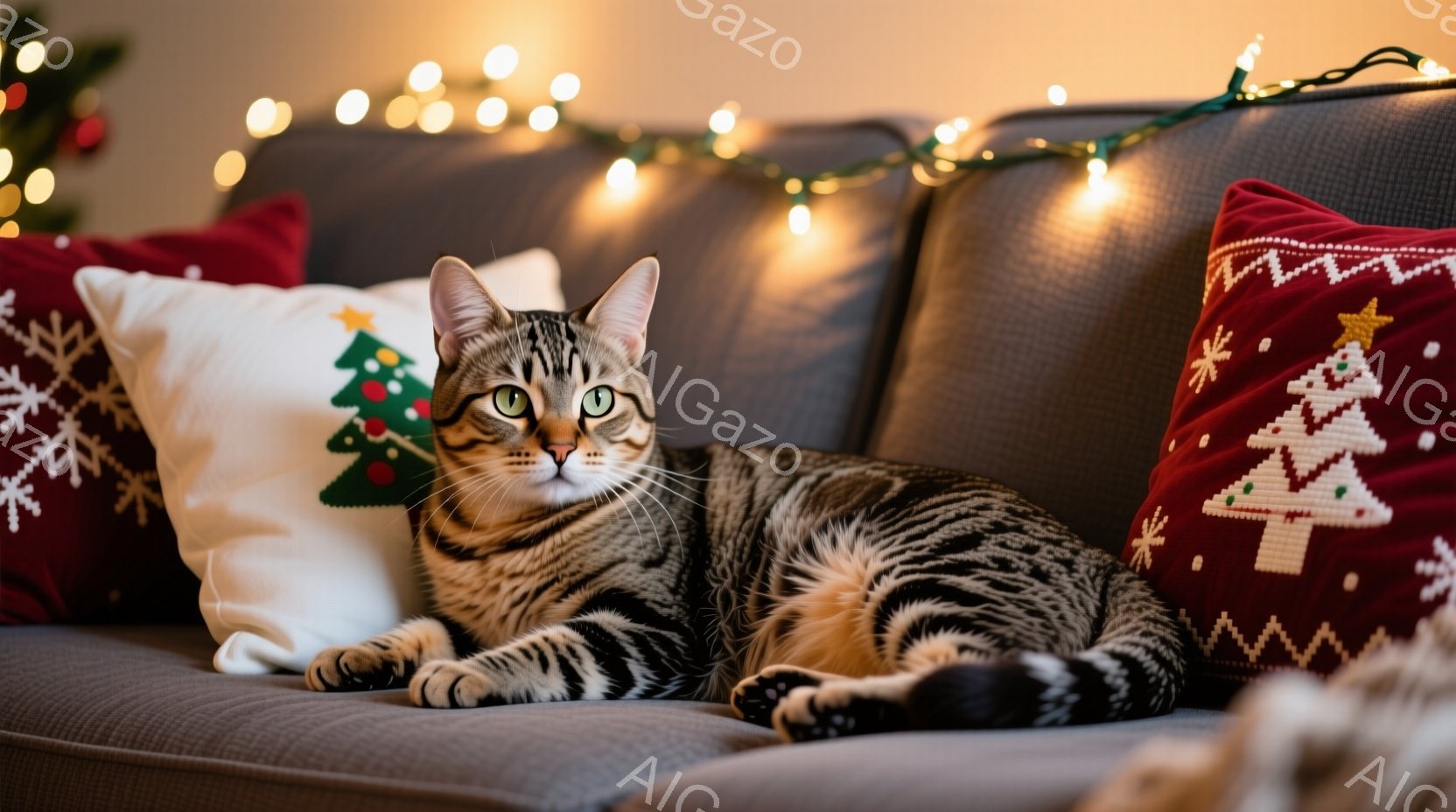 ソファに横たわる縞模様の猫が写っています。猫はリラックスした様子で、前足を伸ばし、カメラの方を見ています。背景にはクリスマスを象徴する柄のクッションや、ぼんやりと光るイルミネーションがあり、温かく穏やかな雰囲気を醸し出しています。