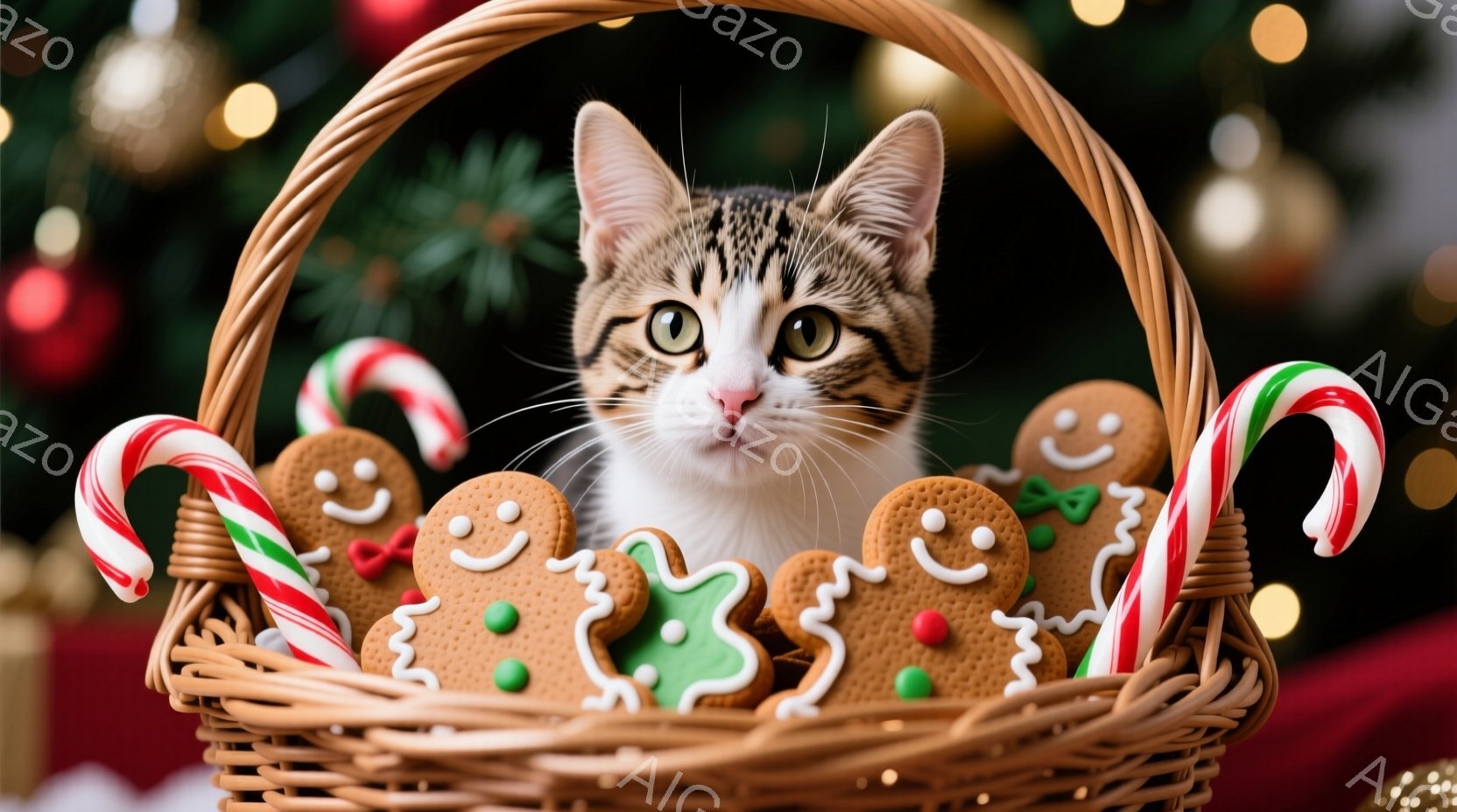 白と茶色の縞模様の猫が、クリスマスを連想させる編み込みのバスケットの中に座っています。周りにはペパーミントキャンディとジンジャーブレッドマンのクッキーが飾られ、猫は正面を見て少し好奇心と控えめな笑顔を浮かべています。背景はぼやけたクリスマスツリーの飾りで、全体的に暖かくお祝いムードに満ちた雰囲気です。