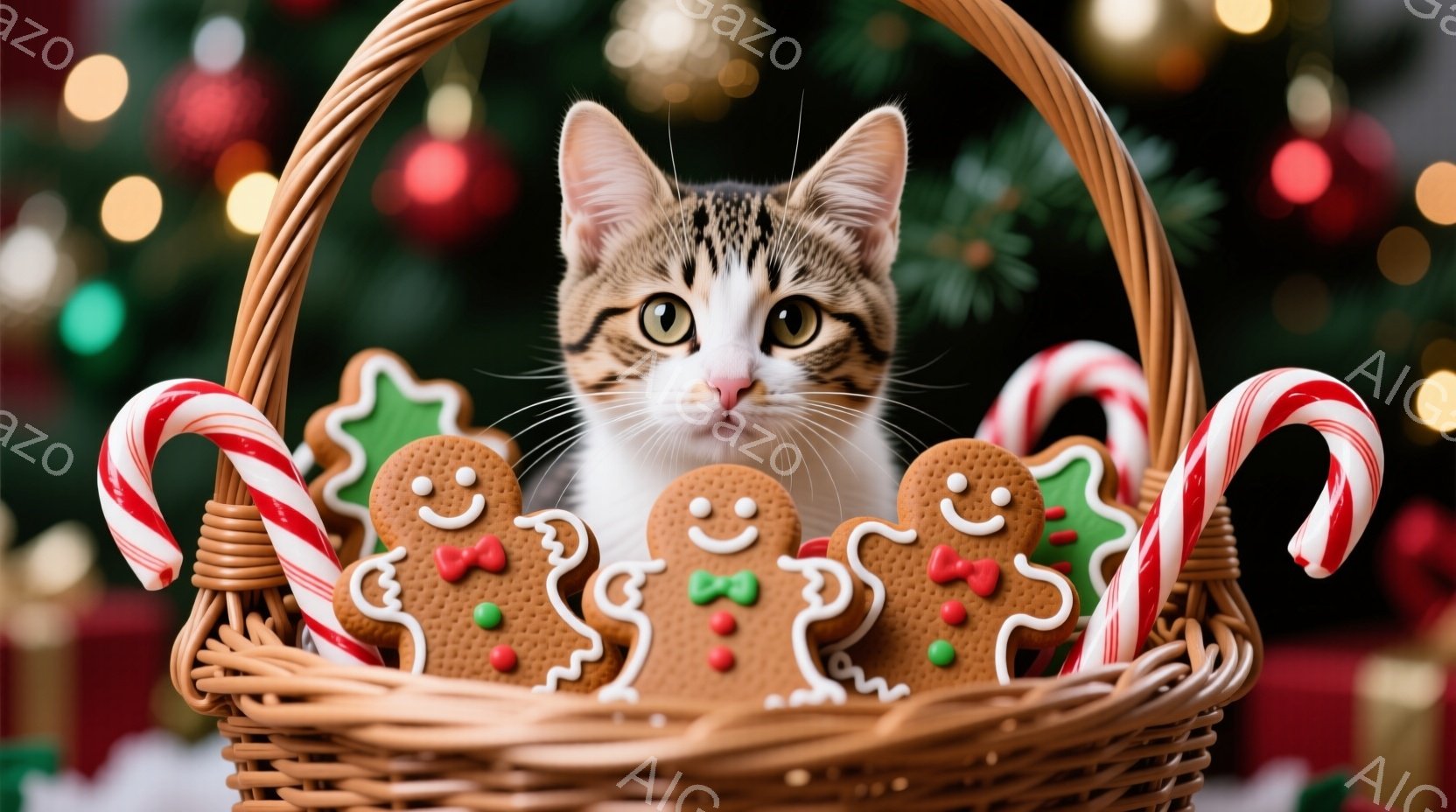 籠の中に、白い胸元と縞模様の毛並みを持つ子猫が可愛らしく顔を出しています。周りには、赤いリボンと緑の葉で飾られたジンジャーブレッドマンと、赤と白の縞模様のキャンディケインが散りばめられています。背景には、ぼやけたクリスマスツリーと光のぼかしがあり、温かく、お祝いの雰囲気を醸し出しています。