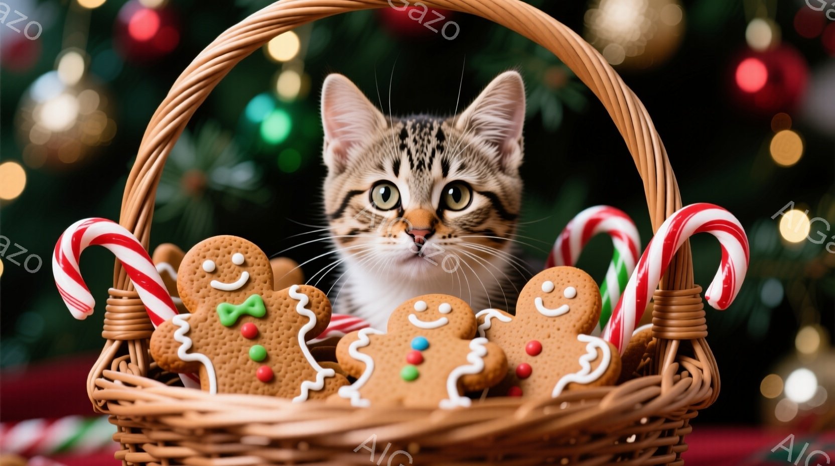 小さなトラ柄の子猫が、クリスマスプレゼントの山の上に座ってこちらを見ています。頭にはトナカイの角のような飾りをつけており、好奇心と少しの警戒心を表す表情をしています。背景にはぼやけたクリスマスツリーの光があり、全体的に暖かく、お祝いムードに満ちた雰囲気です。