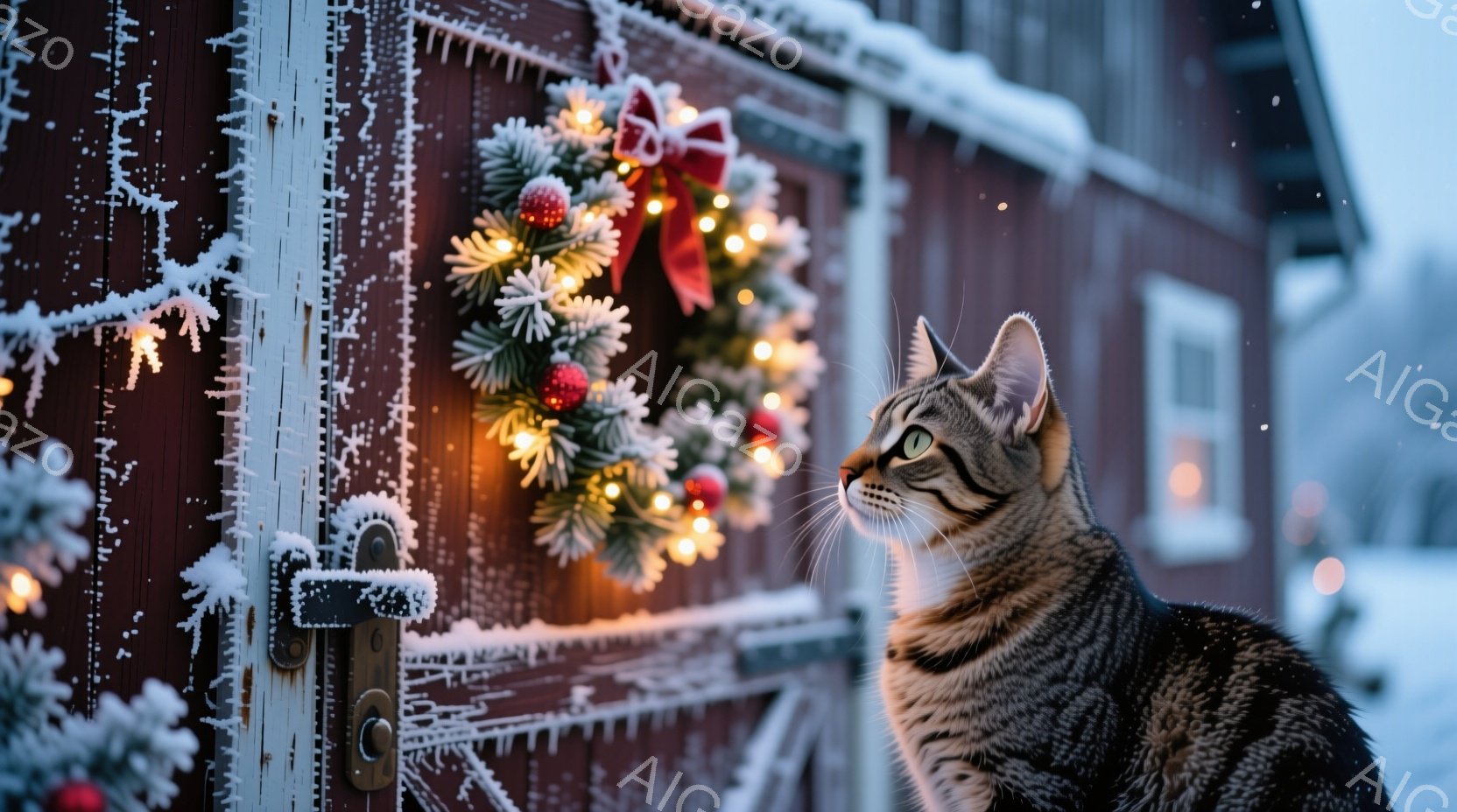 縞模様の猫が、雪で覆われた赤い板張りの壁の前に立っている。壁には、赤い実と光る電球で飾られたクリスマスリースが飾られており、その光が猫の毛並みを照らしている。背景は雪景色で、静かで穏やかな冬の雰囲気を - AI生成フリー素材