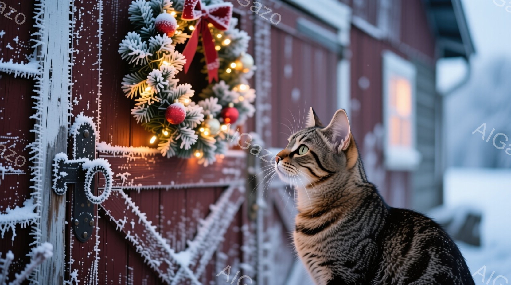 縞模様の猫が赤い物置のドアの横に座り、何かを見上げています。ドアにはクリスマスリースが飾られ、雪が少し積もっています。背景はぼやけていますが、雪景色の中に建物が見え、全体的に穏やかで冬らしい雰囲気が漂っています。