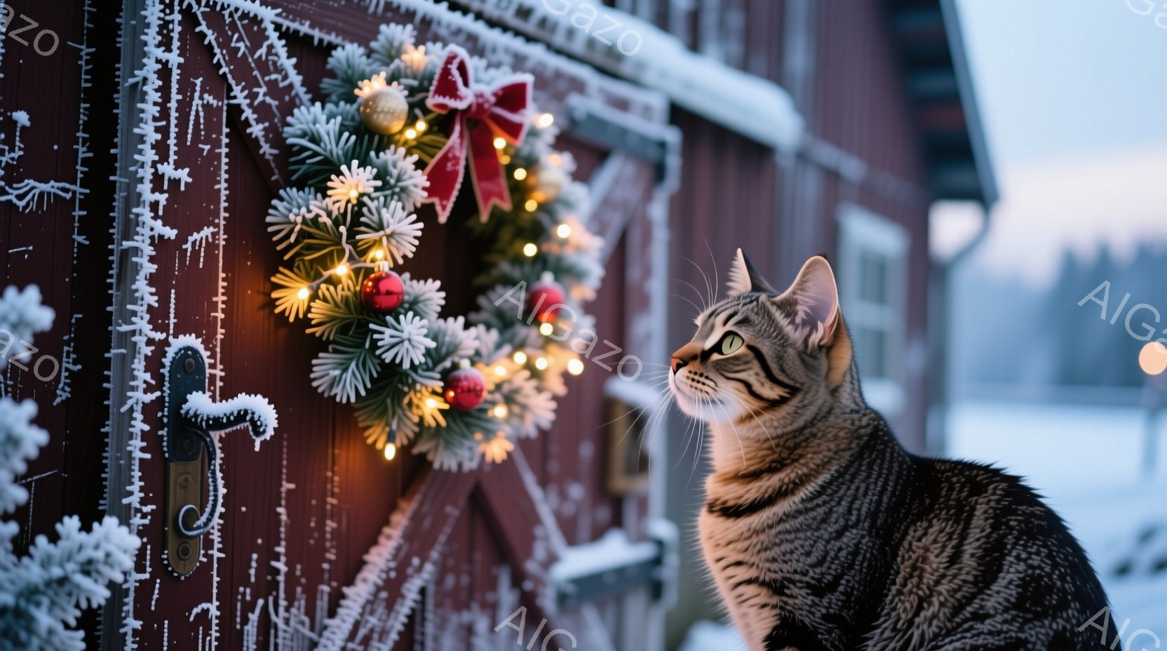 縞模様の猫が赤い木製の納屋のドアのそばで上を見上げています。納屋のドアには、赤いリボンと光る電球で飾られたクリスマスリースが掛かっており、ドア全体が雪と霜で覆われています。背景は雪景色で、薄明りの空が広がり、静かで穏やかな冬の雰囲気です。