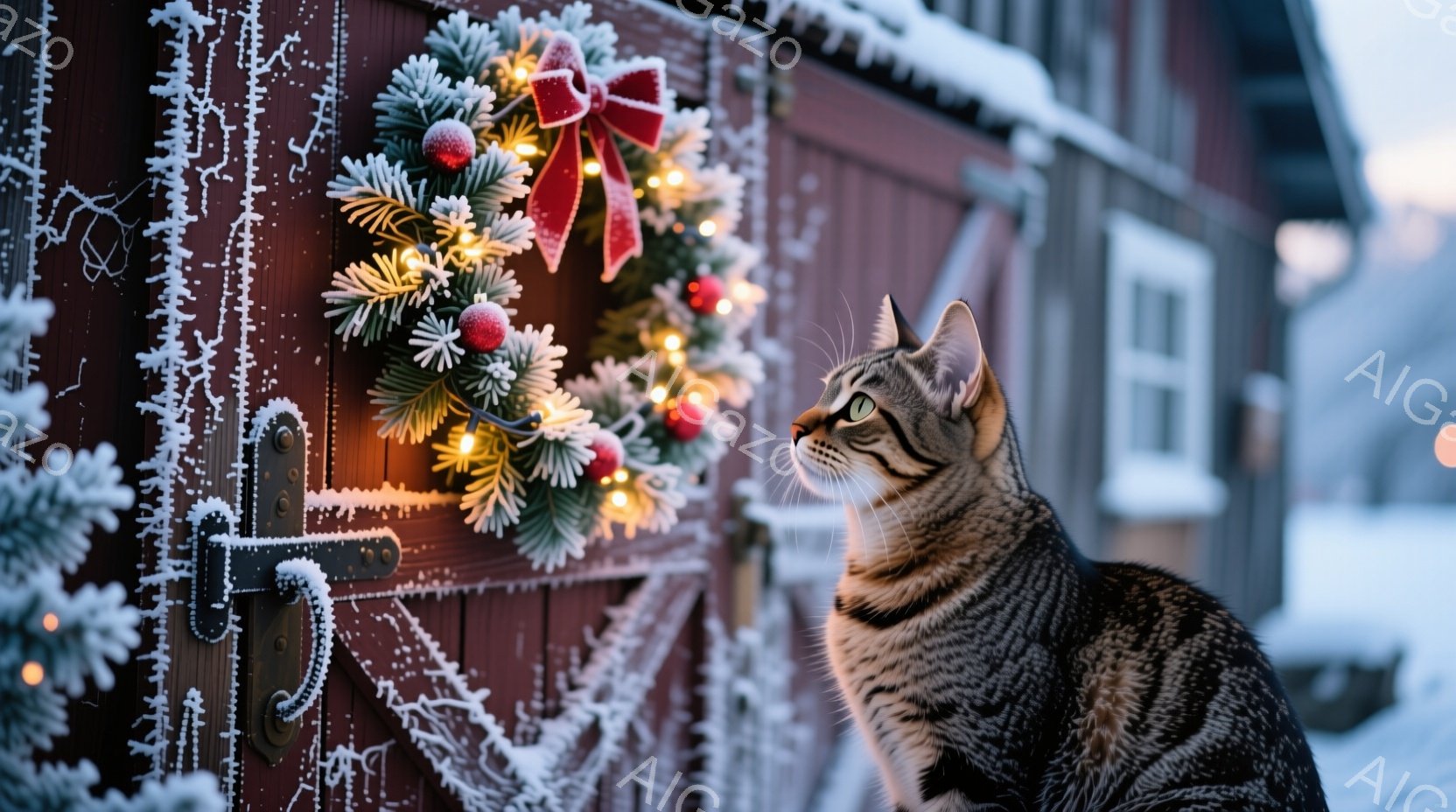 縞模様の猫が、赤い木のドアに飾られたクリスマスリースをじっと見つめている。ドアは雪で覆われ、背景にはぼやけた建物と雪景色が広がっている。全体的に暖かく、静かで、クリスマスの雰囲気が漂う、魅力的な光景である。
