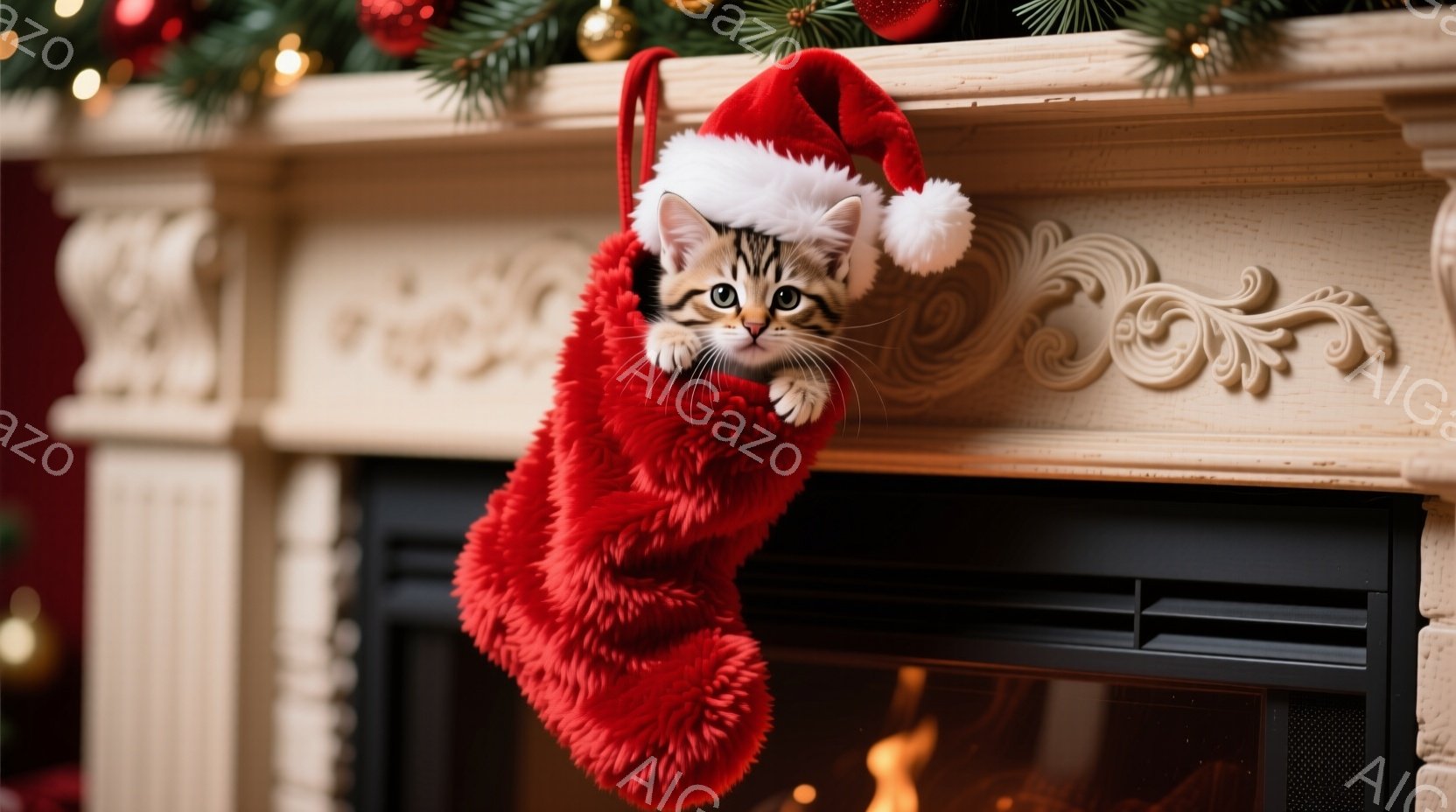 赤いクリスマスストッキングの中から、キティが顔を出しています。キティは白いクリスマスツリーの飾りと暖炉の前で、少し驚いたような表情をしています。背景には、暖炉の火が暖かく灯り、クリスマスの装飾が飾られ - AI生成フリー素材