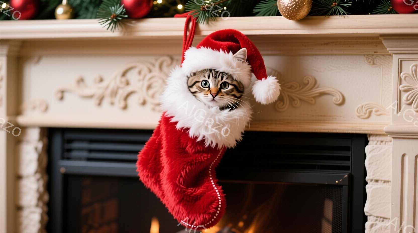 白い暖炉の前に飾られた赤いクリスマスストッキングの中に、灰色の縞模様の猫が顔を出しています。猫はサンタクロースの帽子をかぶり、少し驚いたような、または困惑したような表情をしています。背景にはクリスマス - AI生成フリー素材
