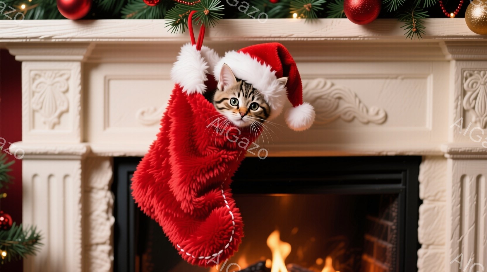 赤いクリスマスストッキングの中に、縞模様の猫が顔を出しています。猫はクリスマスツリーの飾りと同じ赤いサンタ帽をかぶっており、好奇心と少しの戸惑いが入り混じった表情をしています。背景には、暖炉の火とクリ - AI生成フリー素材