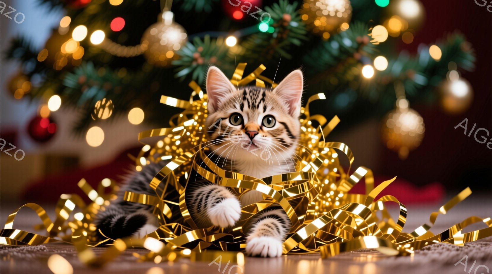 茶色と黒の縞模様の小さな子猫が、金色のリボン状の装飾に囲まれて床に座っています。子猫は前足を伸ばし、好奇心と遊び心のある表情でカメラを見つめています。背景にはクリスマスツリーのぼやけた光が輝き、暖かく - AI生成フリー素材