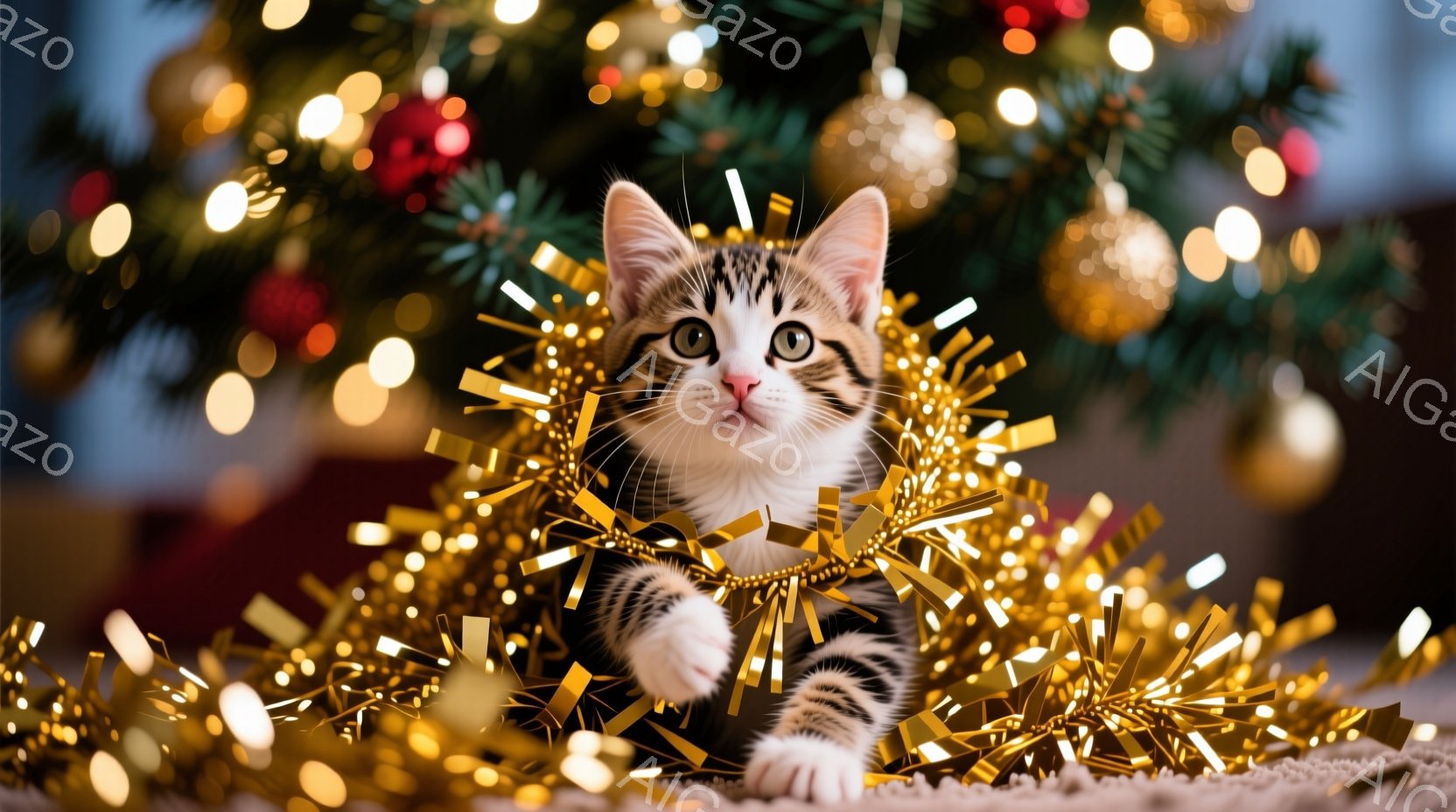 白と黒の縞模様の小さな子猫が、金色のモールに包まれてこちらを見ています。子猫は前足を伸ばし、好奇心と遊び心に満ちた表情をしています。背景にはぼやけたクリスマスツリーの光と装飾が見え、暖かくお祝いムード - AI生成フリー素材