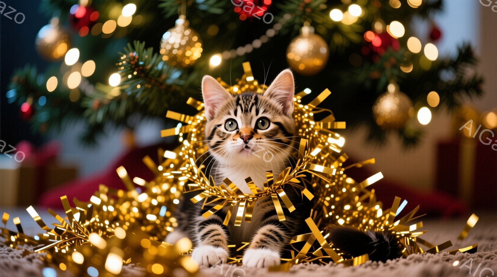 白と黒の縞模様の小さな子猫が、金色のきらめく飾り付けの中に座っています。子猫は正面を見ており、大きな緑色の目で好奇心と遊び心にあふれた表情をしています。背景にはぼやけたクリスマスツリーと、暖かくお祝い - AI生成フリー素材