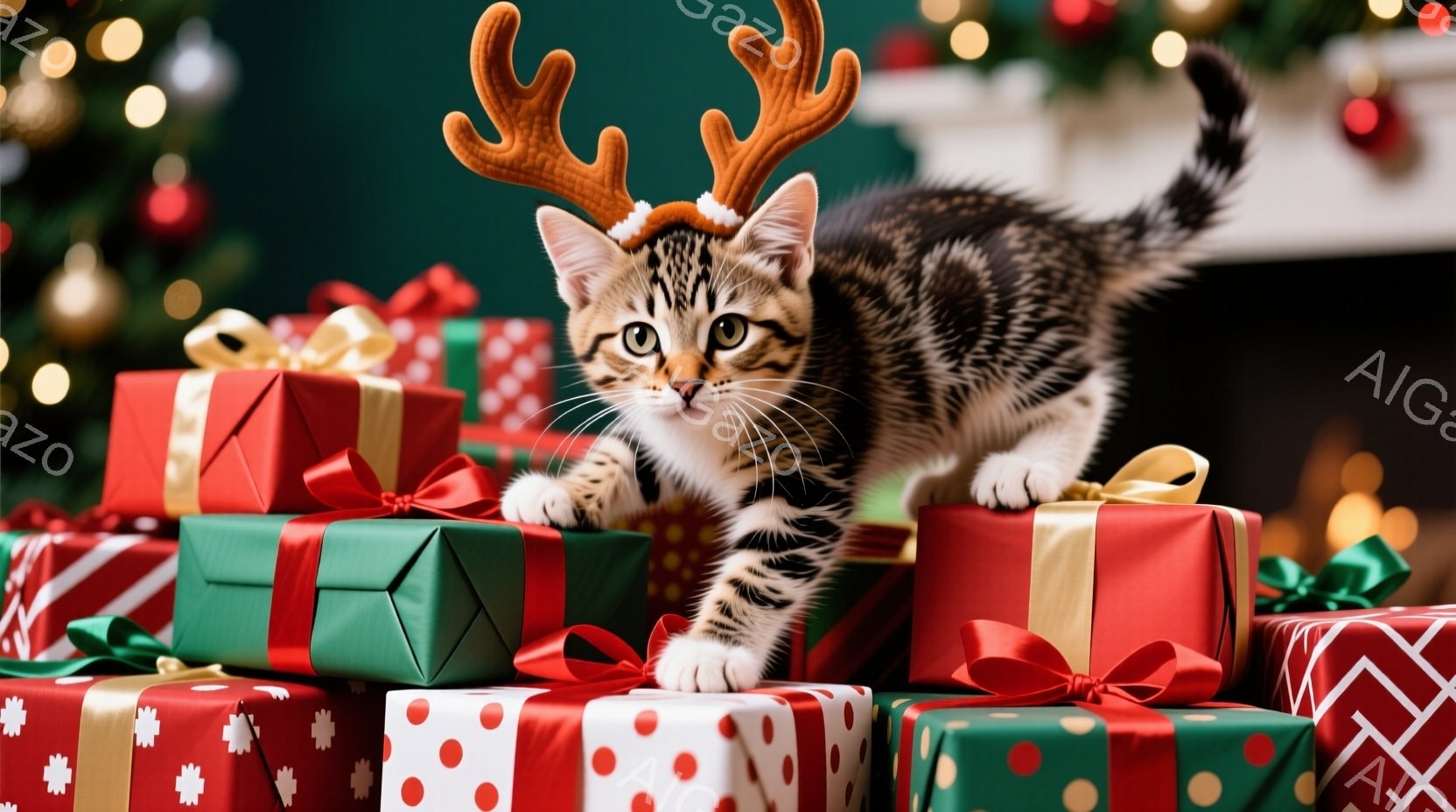 白と黒の縞模様の小さな子猫が、クリスマスプレゼントの山の上に座っています。頭にはトナカイの角のような飾りを付けており、前足はプレゼントの箱の上に乗せて少しだけ覗き込んでいるような可愛らしい姿です。背景には緑色のクリスマスツリーや、赤と緑の包装紙で飾られたプレゼントの山があり、暖かく、お祝いムードに満ちた雰囲気です。