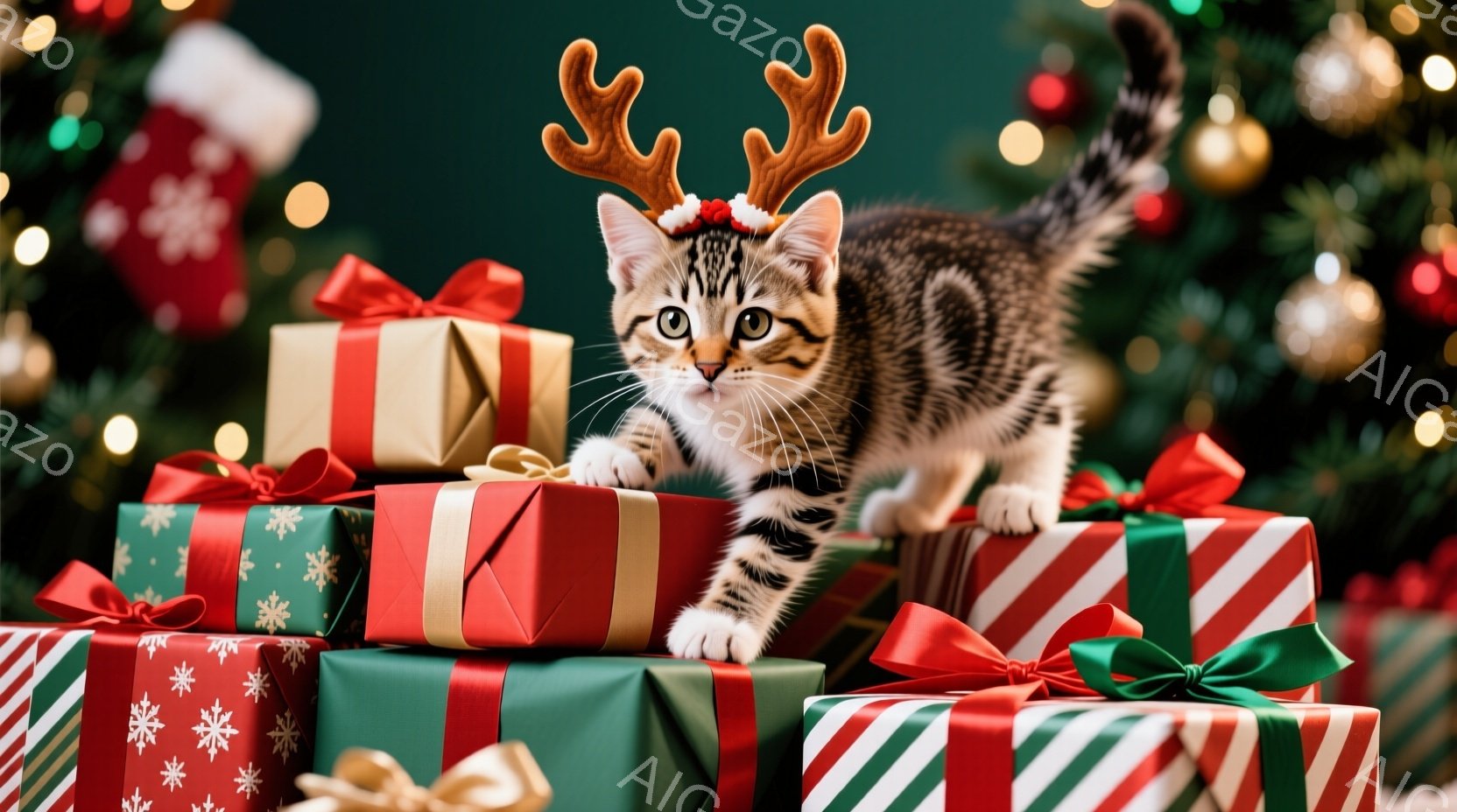 茶色の縞模様の小さな子猫が、クリスマスプレゼントの山の上でポーズをとっています。頭には角の飾りをつけており、好奇心と遊び心に満ちた表情をしています。背景には、緑色のクリスマスツリーとキラキラと光るホリ - AI生成フリー素材