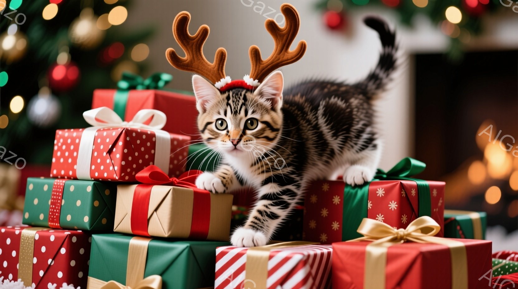 茶色と黒の縞模様の小さな子猫が、クリスマスプレゼントの山の上に座ってこちらを見ています。頭にはトナカイの角のような飾りをつけており、好奇心と遊び心に満ちた表情をしています。背景にはぼやけたクリスマスツ - AI生成フリー素材
