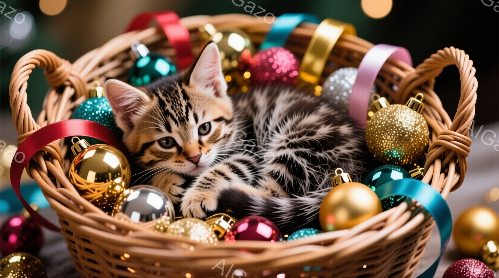 籠の中に小さな縞模様の猫が丸まって眠っています。周りには赤、緑、金色のクリスマスオーナメントが散りばめられており、明るいリボンも絡まっています。背景はぼかされており、クリスマスの光が散りばめられた暖かくお祝いの雰囲気です。