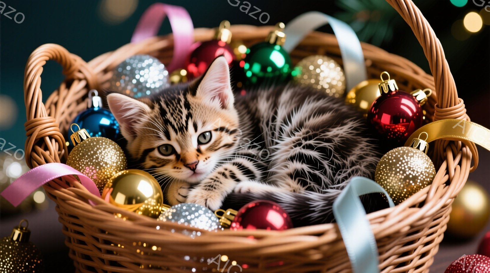 籠の中に、縞模様の小さな子猫が丸まって眠っています。籠はクリスマスオーナメントで溢れ、赤、金、銀の光沢のあるボールが子猫の周りに散りばめられています。暖かく、お祝いの雰囲気を醸し出す、可愛らしい光景です。