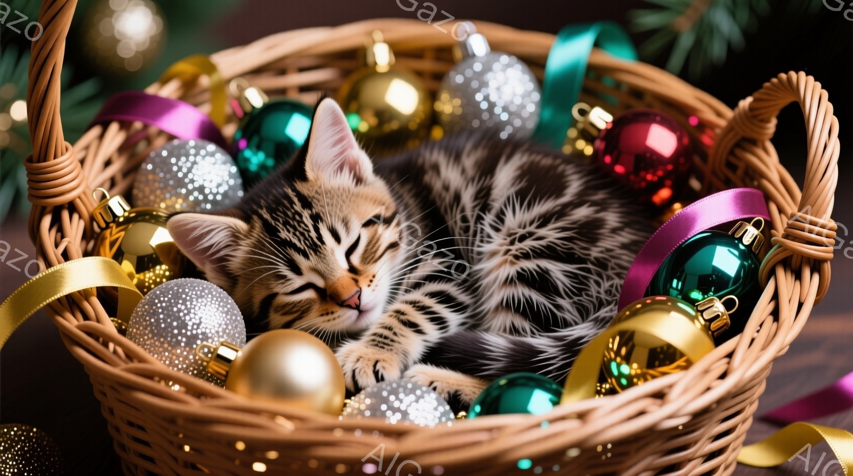小さな縞模様の猫が、金色の編みかごの中で眠っています。猫は丸まって体を縮こませ、リラックスした表情で目を閉じています。かごの中には、赤、緑、金色のクリスマスオーナメントが散りばめられており、背景はぼやけていますが、クリスマスの雰囲気が漂っています。