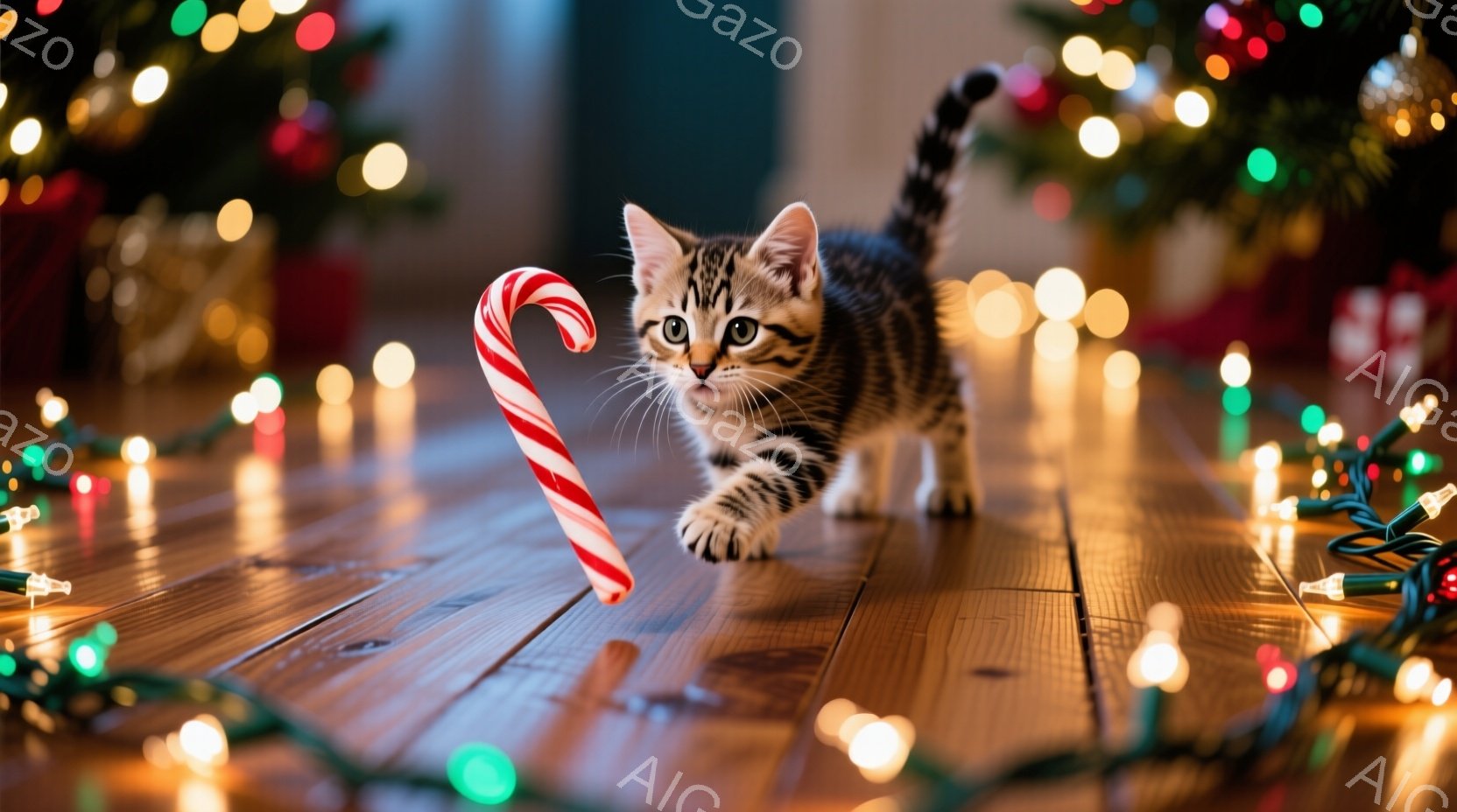 縞模様の子猫が、赤い白のキャンディケーンを口にくわえて床を歩いている。背景にはクリスマスツリーのぼんやりとした光と、カラフルなイルミネーションが散らばり、温かく楽しい雰囲気を醸し出している。木製の床が - AI生成フリー素材