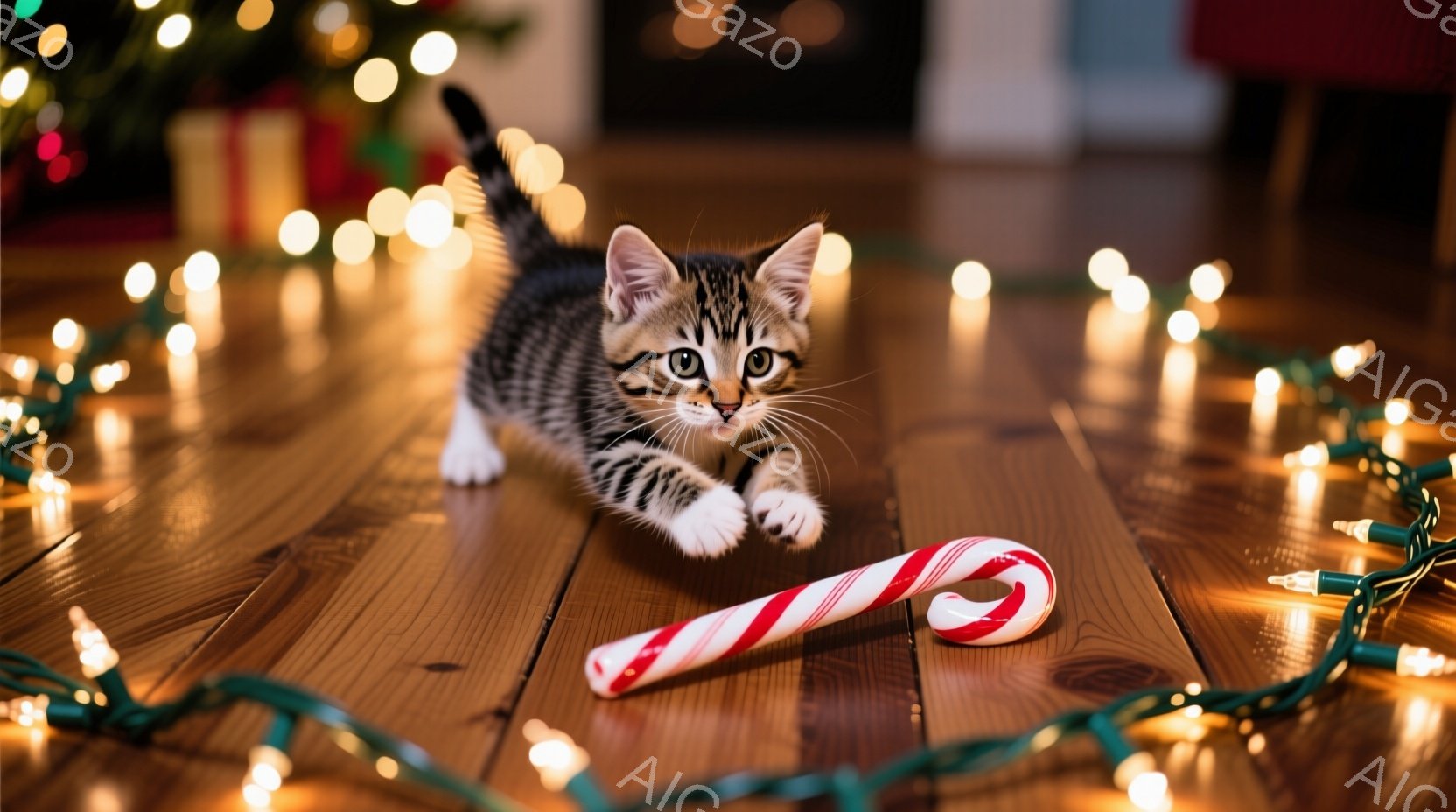 明るい木の床の上に、縞模様の子猫がキャンディケーンに向かって駆け寄っている様子が写っています。子猫は遊び心いっぱいの表情で、前足を伸ばし、後ろ足は少し空中に浮いています。背景には緑色のクリスマスライトが散らばり、暖かく、お祝いムードを演出しています。