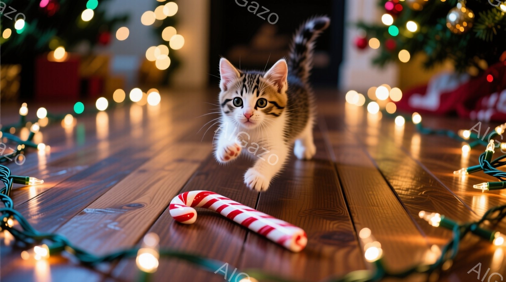 暖炉のそばの木の床に、小さな縞模様の猫が駆け寄る様子が捉えられています。猫は遊び心に満ちた表情で前足を伸ばし、赤いキャンディケーンの横を素早く通り過ぎようとしています。背景にはぼやけたクリスマスツリーと、輝く電飾が散りばめられ、温かくお祝いムードを醸し出しています。
