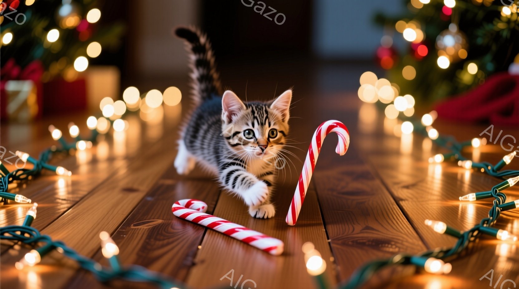 木目の美しいフローリングの上に、縞模様の小さな子猫がキャンディケーンに向かって歩いている様子が写っています。背景にはぼやけたクリスマスツリーと、散らばるように配置された光る電飾があり、暖かくお祝いムードの空間を演出しています。子猫の表情は遊び心に満ちており、クリスマスの温かい雰囲気に包まれた一瞬を捉えています。