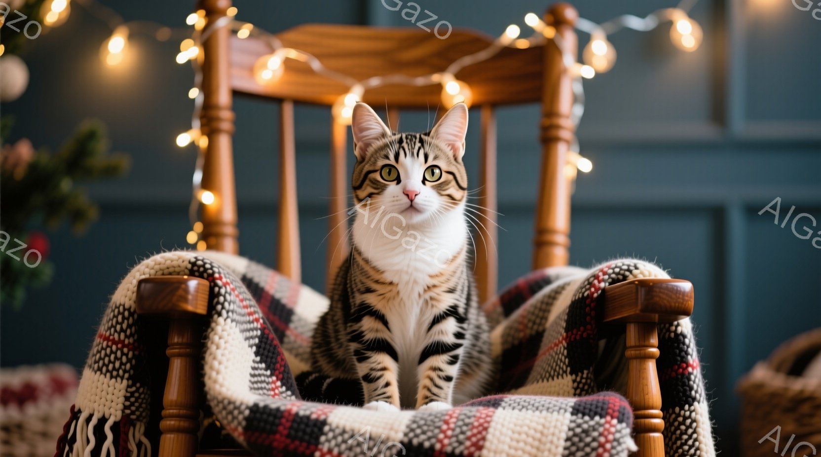 茶白模様の猫が、チェック柄のブランケットがかけられたロッキングチェアに座っています。猫は正面を見据え、少し警戒したような、または好奇心旺盛な表情をしています。背景には暗い壁と、ぼんやりと見えるクリスマ - AI生成フリー素材