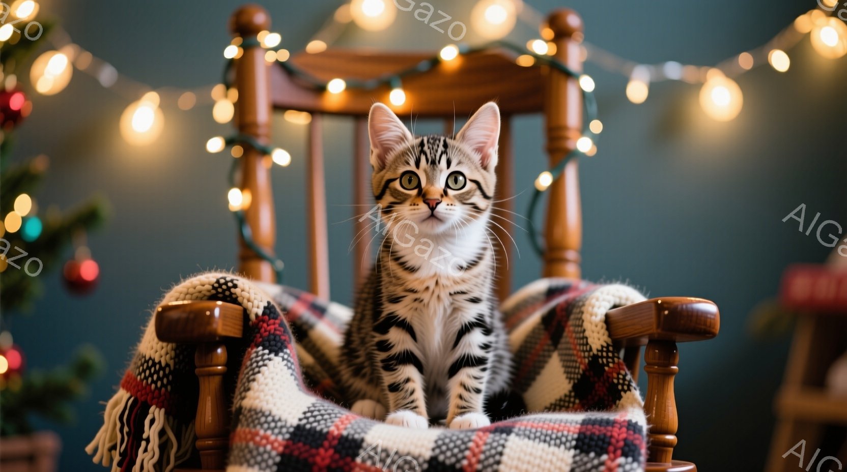白と黒の縞模様の小さな子猫が、赤い格子柄のブランケットが掛けられたロッキングチェアに座っています。子猫は正面を見据え、好奇心と少しの警戒心を表す表情をしています。背景にはクリスマスツリーの緑と、温かみのある光が灯る電飾がぼやけて見え、クリスマスの雰囲気を醸し出しています。