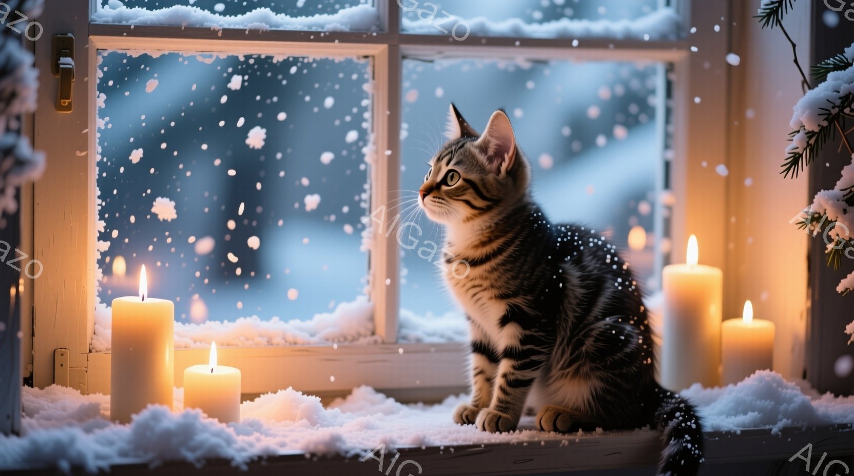 縞模様の猫が雪に覆われた窓辺に座り、外を見つめている。周りには点灯した白い蝋燭が置かれ、窓の外では雪が降り積もっている。暖かく穏やかな冬の雰囲気で、猫の視線はどこか遠くを見つめているようだ。