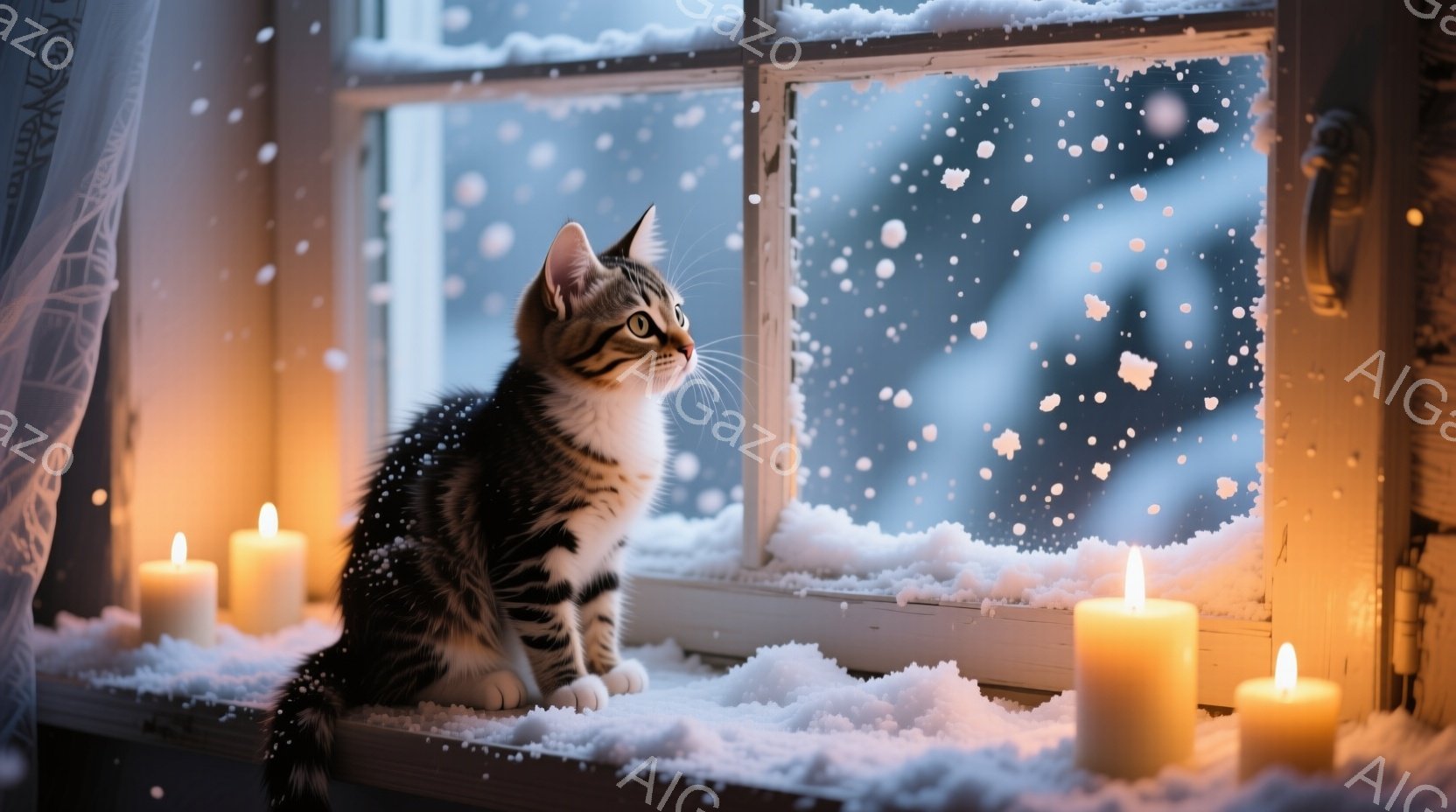 縞模様の小さな子猫が、雪が降る窓辺に座って外を見つめている。窓枠には白い雪が積もり、周囲には数本の灯された蝋燭が暖かな光を放っている。全体的に、穏やかで静謐な冬の情景が描かれ、猫の好奇心と暖炉の温かさ - AI生成フリー素材