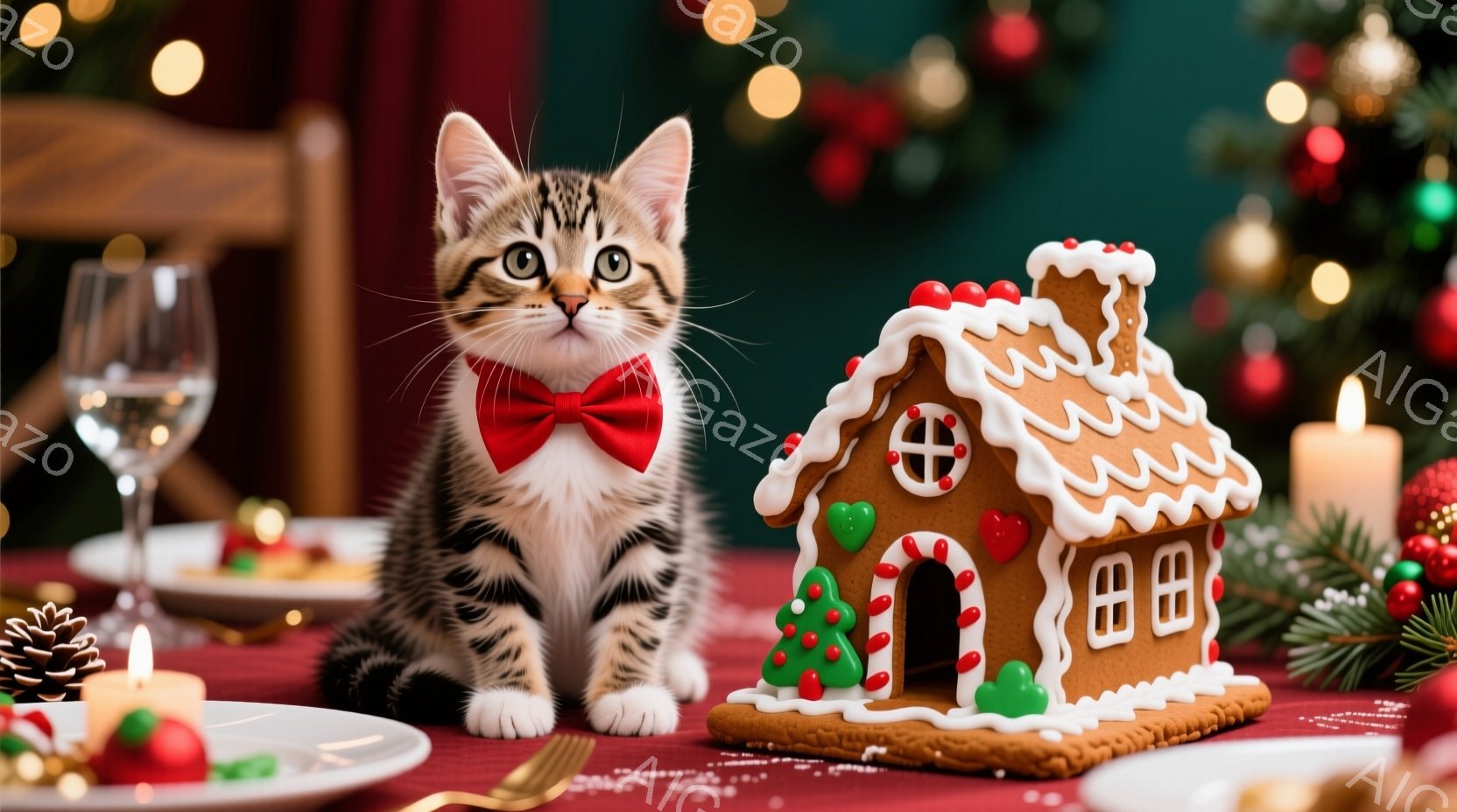 縞模様の小さな子猫が赤い蝶ネクタイをつけ、クリスマスのジンジャーブレッドハウスの隣に座っています。背景には、ぼやけたクリスマスツリーと、ぼんやりとした暖色の光が散りばめられています。全体的に、お祝いの - AI生成フリー素材