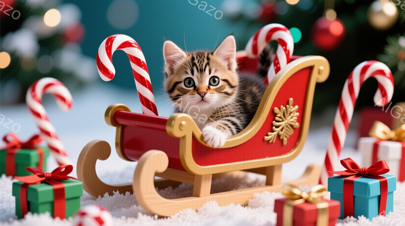 小さな縞模様の猫が、赤いそりに横たわってこちらを見ています。周りにはキャンディケーンやリボンで飾られたプレゼントの箱が置かれ、雪景色が広がっています。全体的に、温かく、お祝いの雰囲気が漂う、クリスマスの情景です。