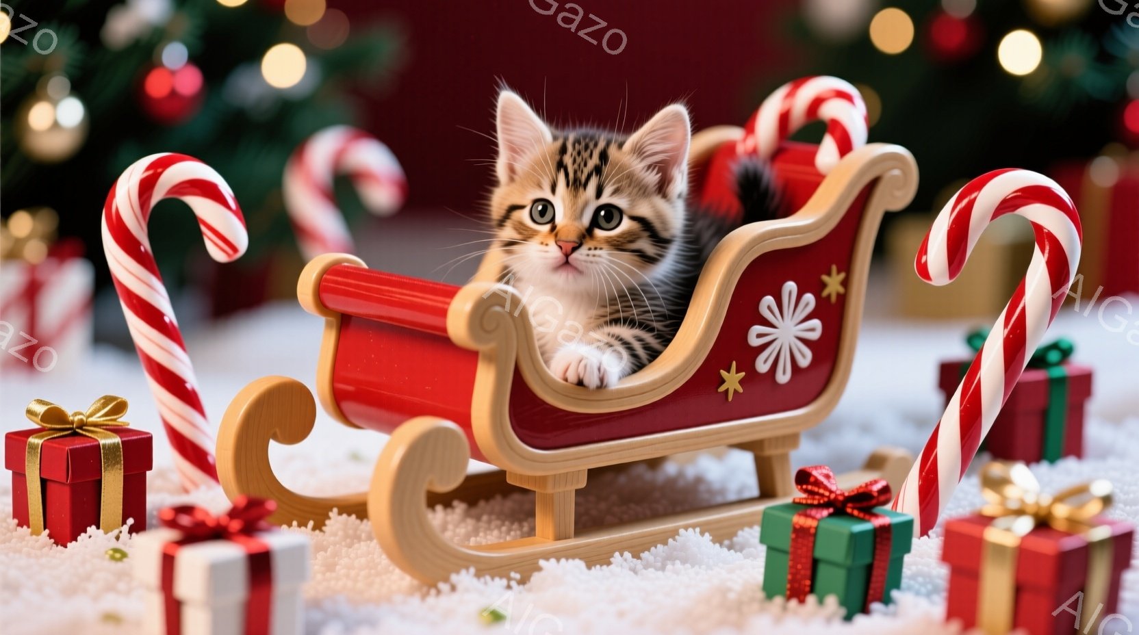 白い毛並みに縞模様の小さな子猫が、赤いそりに座ってこちらを見ています。背景には緑と赤の包装紙で飾られたプレゼントや、赤と白のストライプのキャンディケーンが散りばめられており、クリスマスの華やかな雰囲気 - AI生成フリー素材
